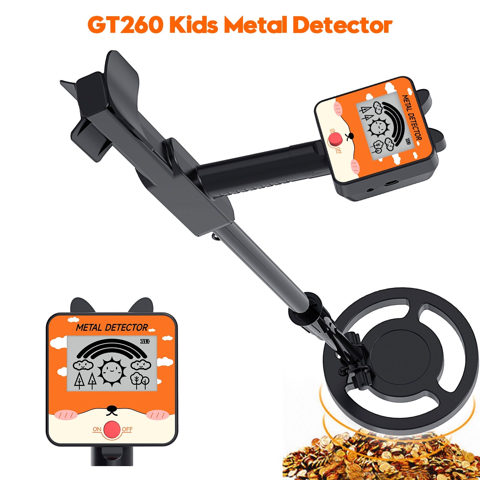 GT260 Kids Child Treasure Seeker Metal Detector Waterproof 6.3"Search Coil Black