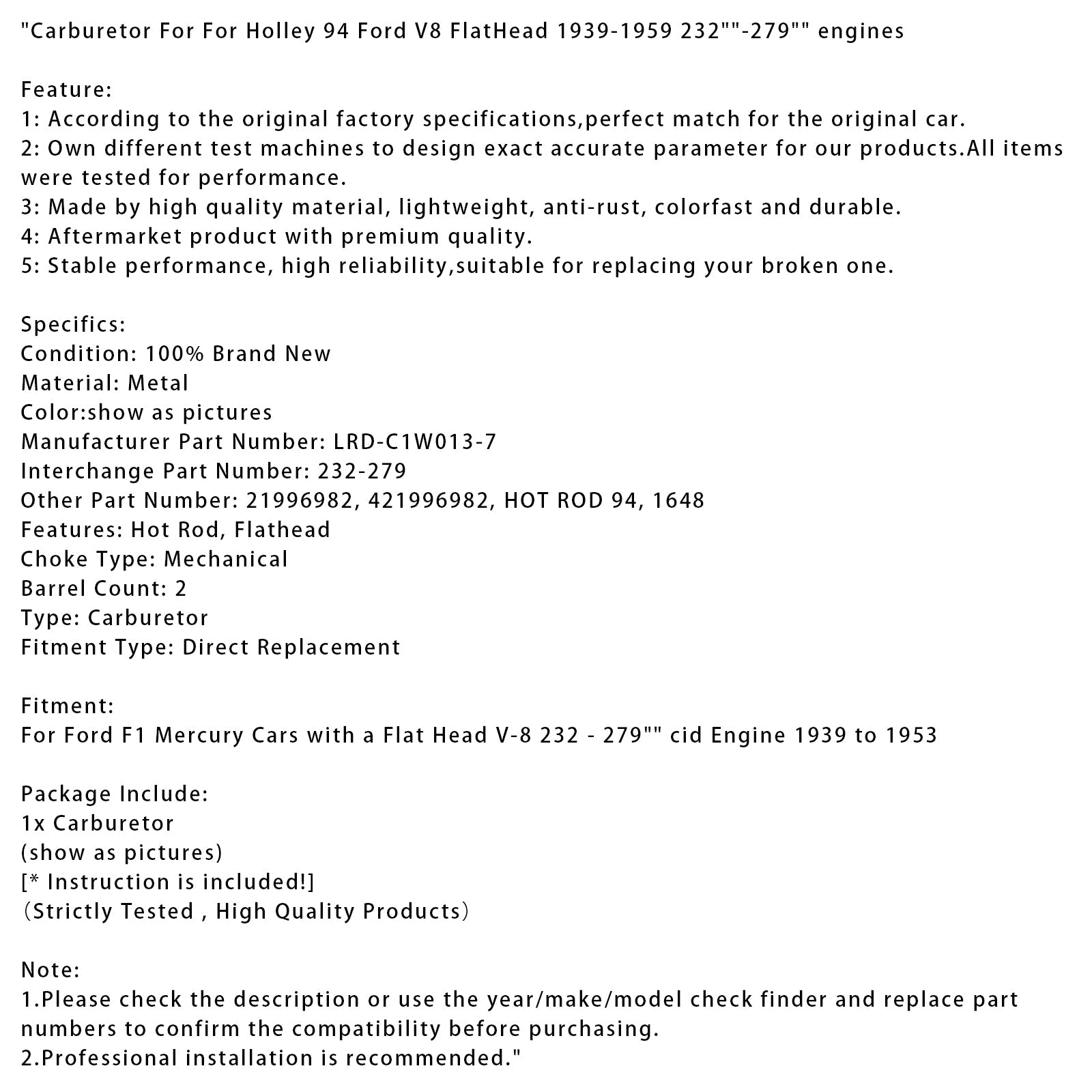 1939-1959 Holley 94 Ford V8 FlatHead Carburetor 232"-279" engines