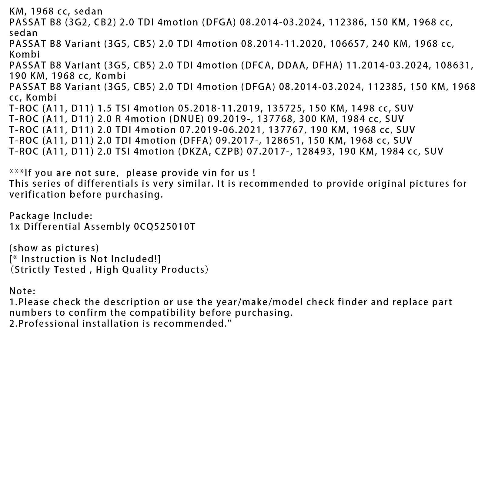 08.2014-11.2020 Volkswagen VW PASSAT B8 (3G2, CB2) 2.0 TDI 4motion Cupra Rear Axle Gear Differential 0CQ525010T