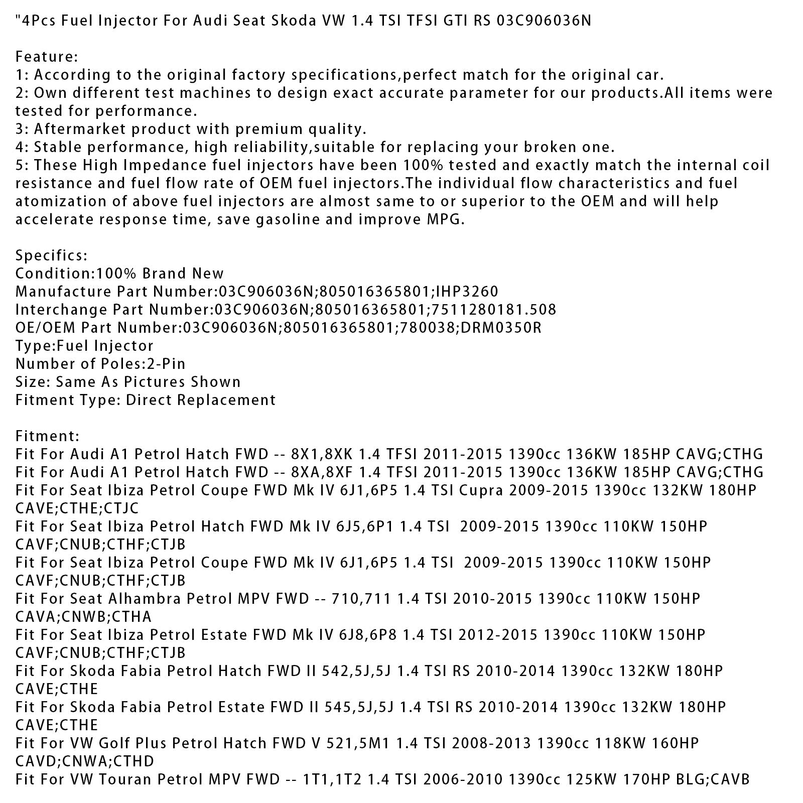 4Pcs Fuel Injector For Audi Seat Skoda VW 1.4 TSI TFSI GTI RS 03C906036N
