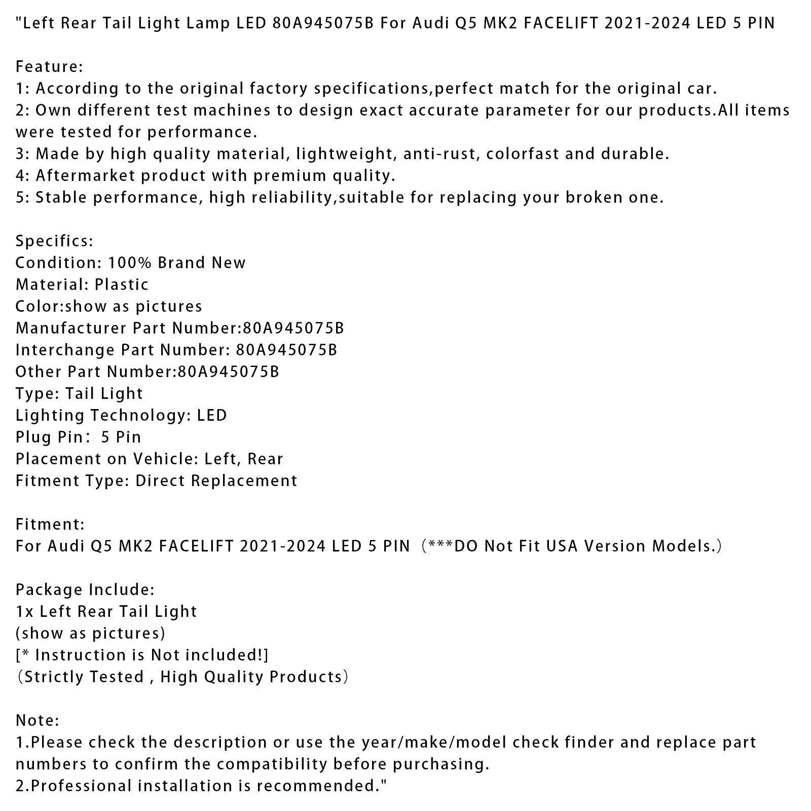 Left Rear Tail Light Lamp LED For Audi Q5 MK2 FACELIFT 2021-2024 LED 5 PIN