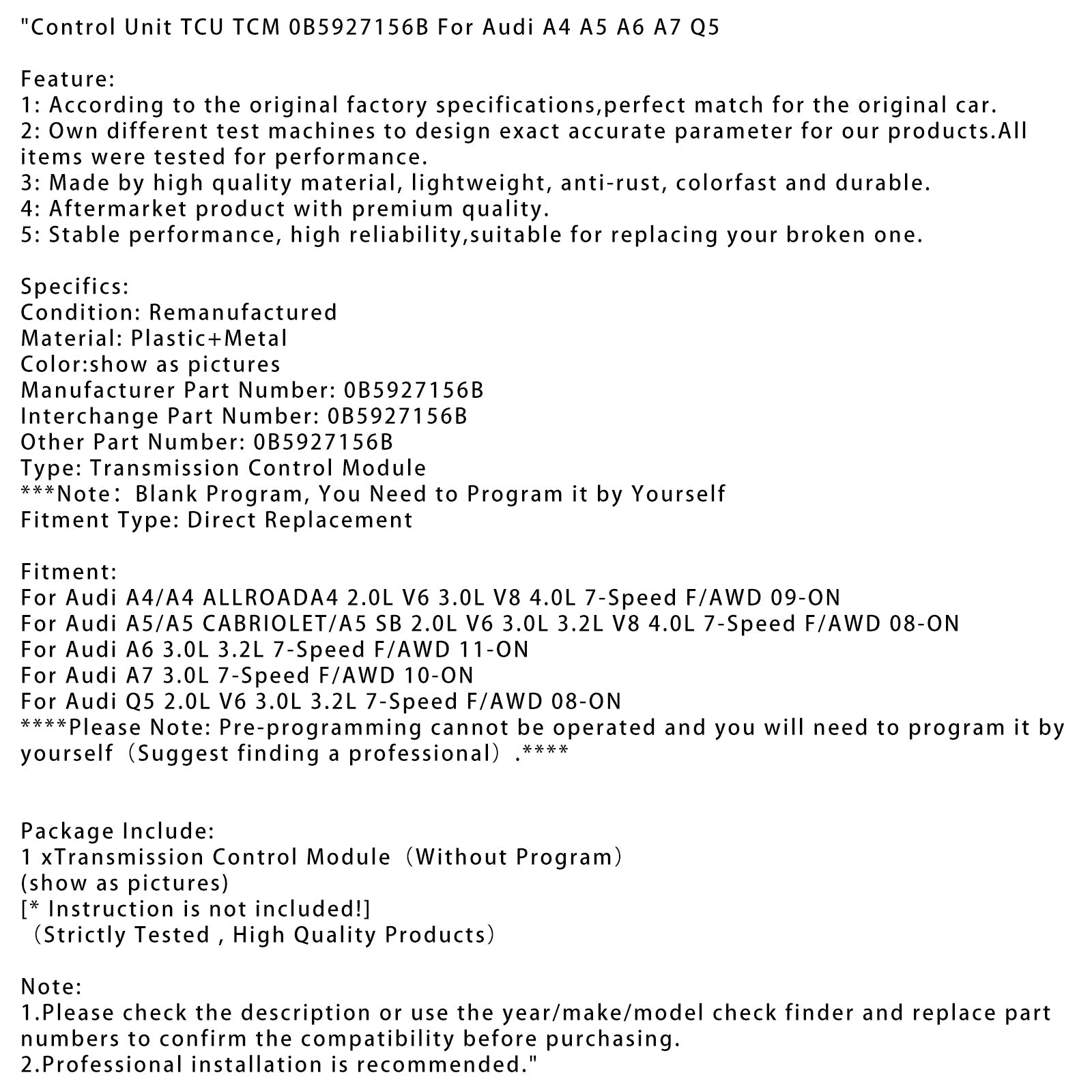 2008-ON Audi Q5 2.0L V6 3.0L 3.2L 7-Speed F/AWD Control Unit TCU TCM 0B5927156B