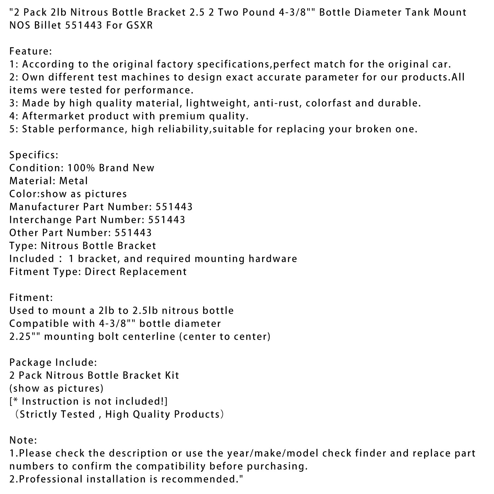 2 Pack 2lb Nitrous Bottle Bracket 2.5 4-3/8" Bottle Diameter Tank Mount