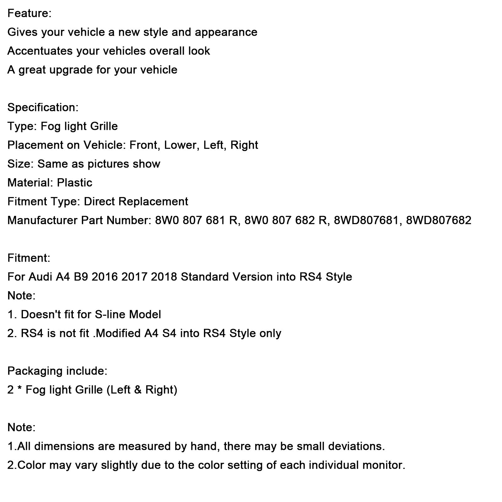 2016-2018 AUDI A4 B9 2PCS Front Fog Light Grill Lower Bumper Grille
