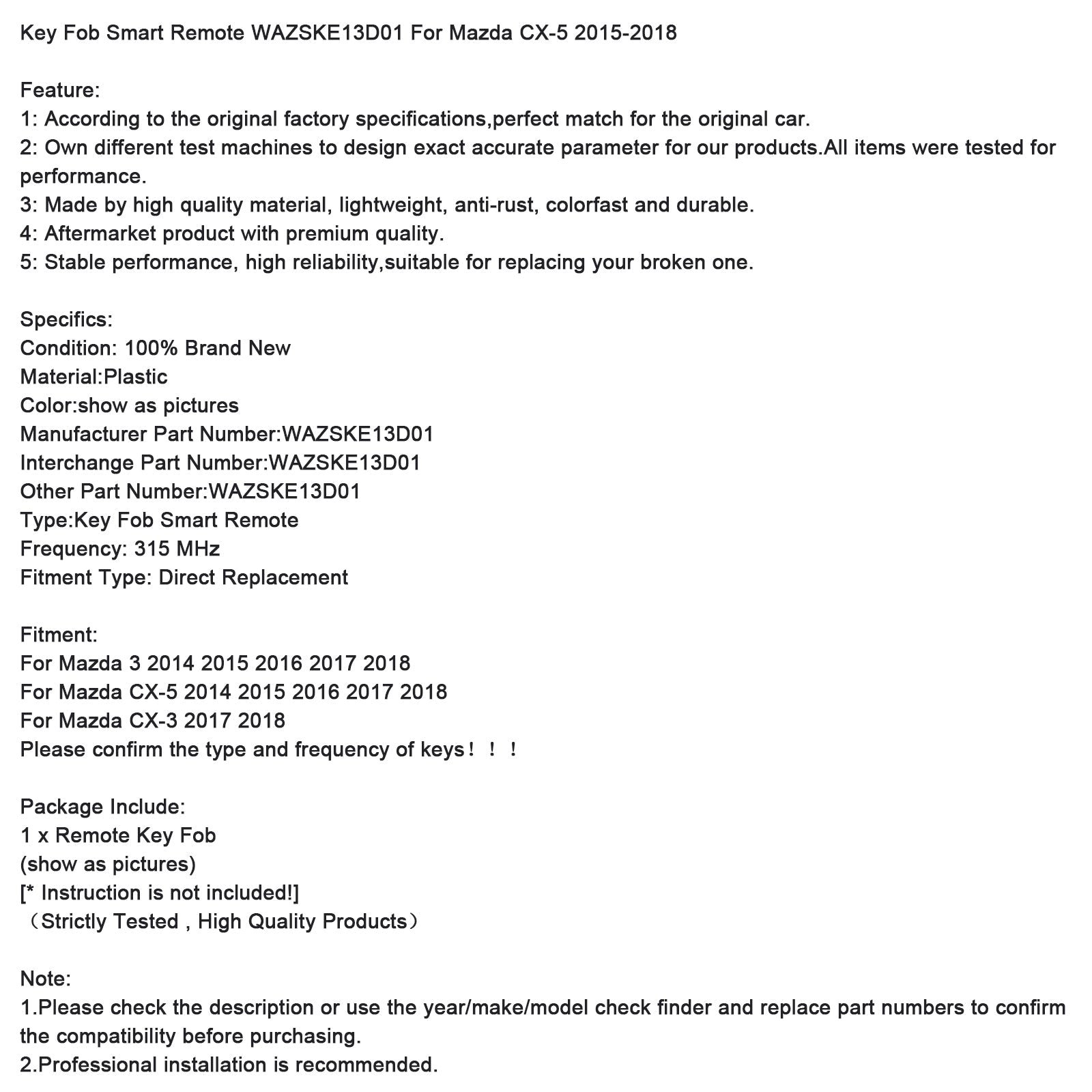 Key Fob Smart Remote WAZSKE13D01 For Mazda CX-5 2015-2018