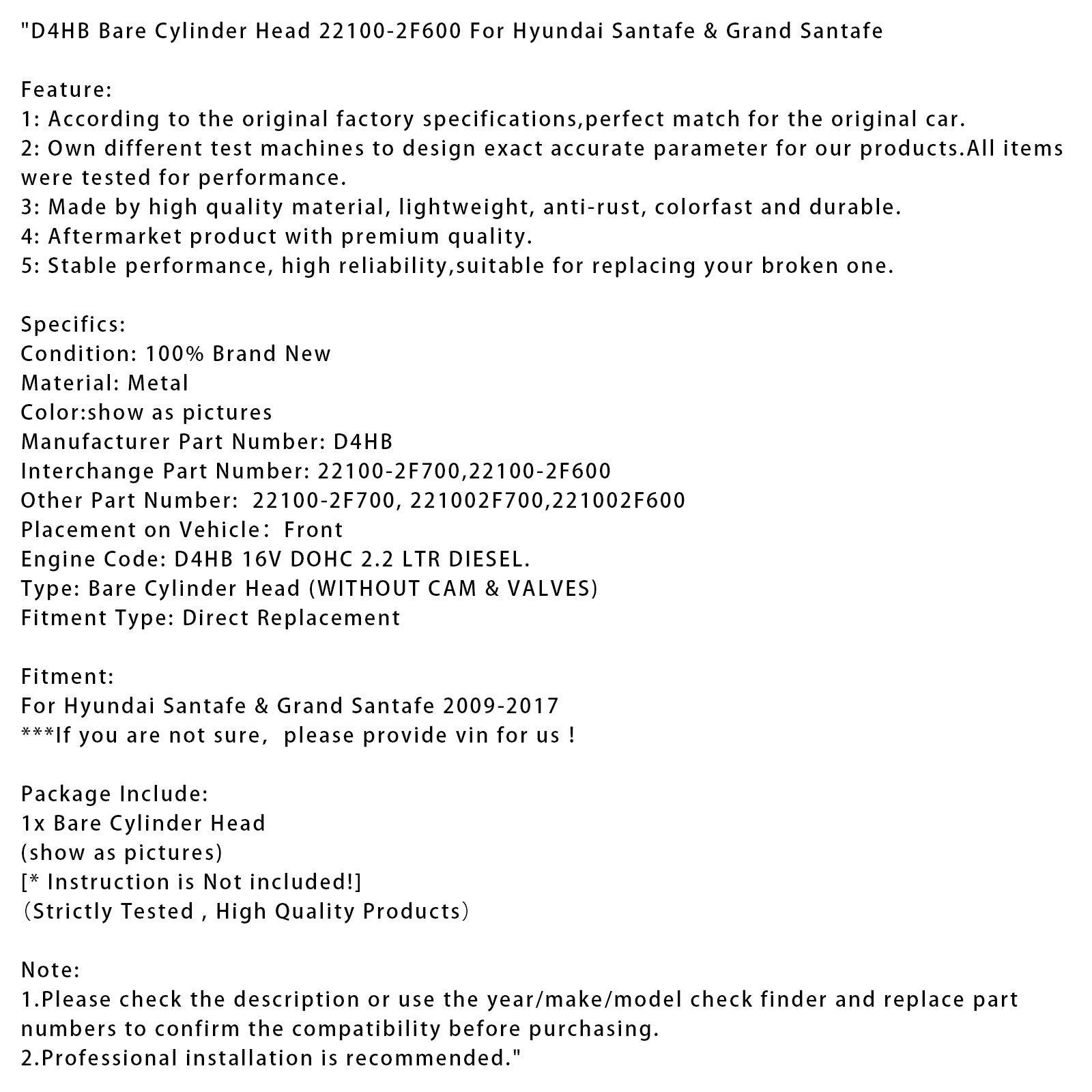2009-2017 Hyundai Santafe & Grand Santafe D4HB Bare Cylinder Head 22100-2F600
