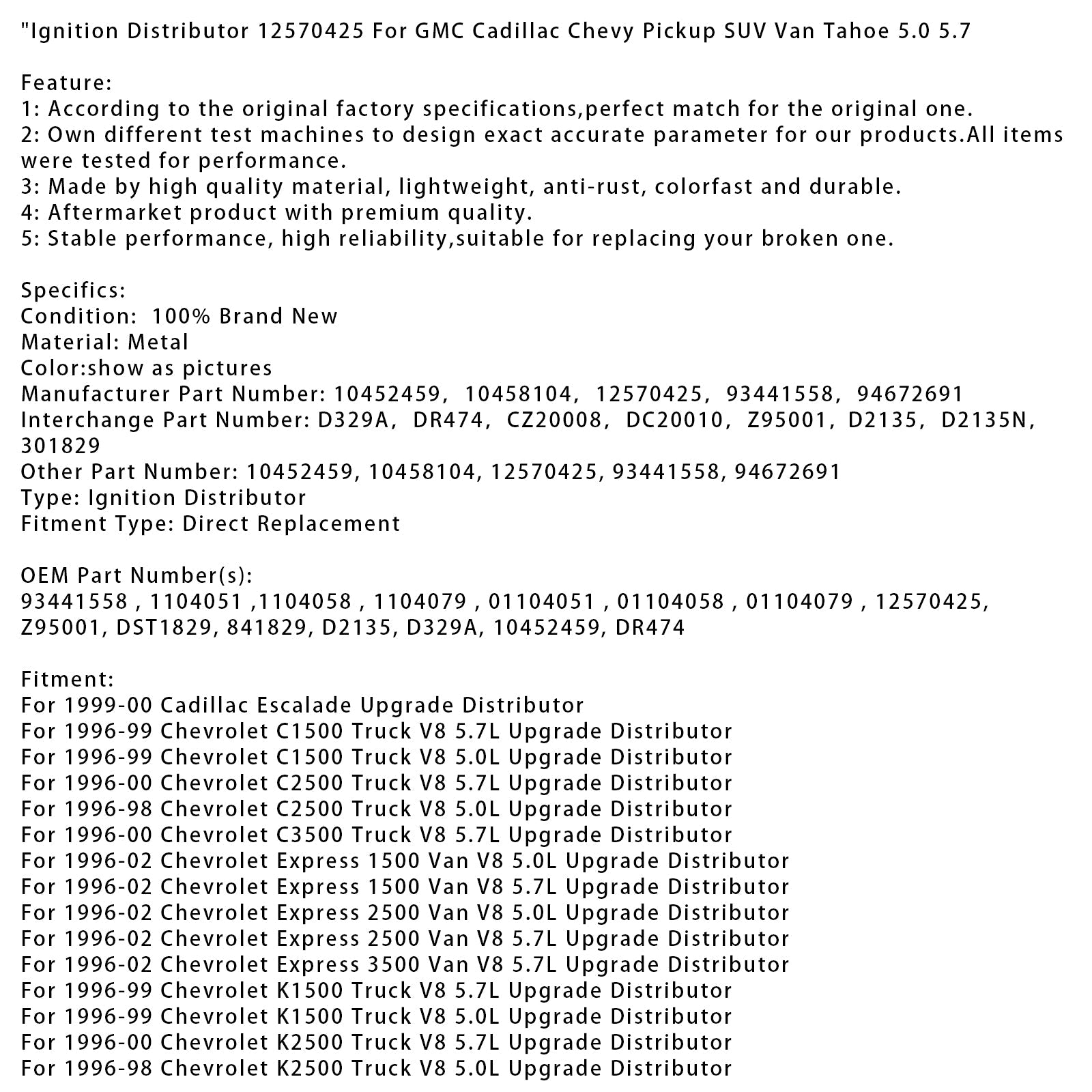 1996-1999 Chevrolet K1500 Truck V8 5.0L Upgrade Distributor Ignition Distributor 12570425