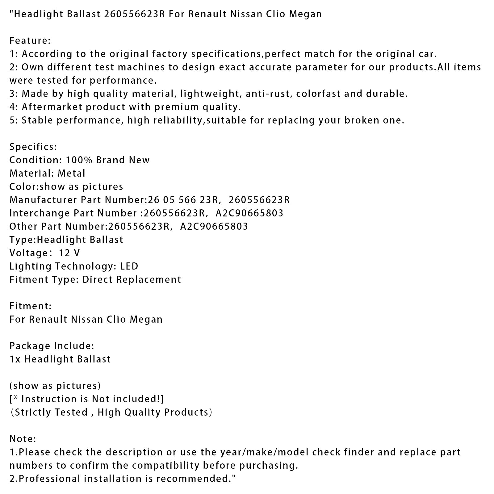 Headlight Ballast 260556623R For Renault Nissan Clio Megan