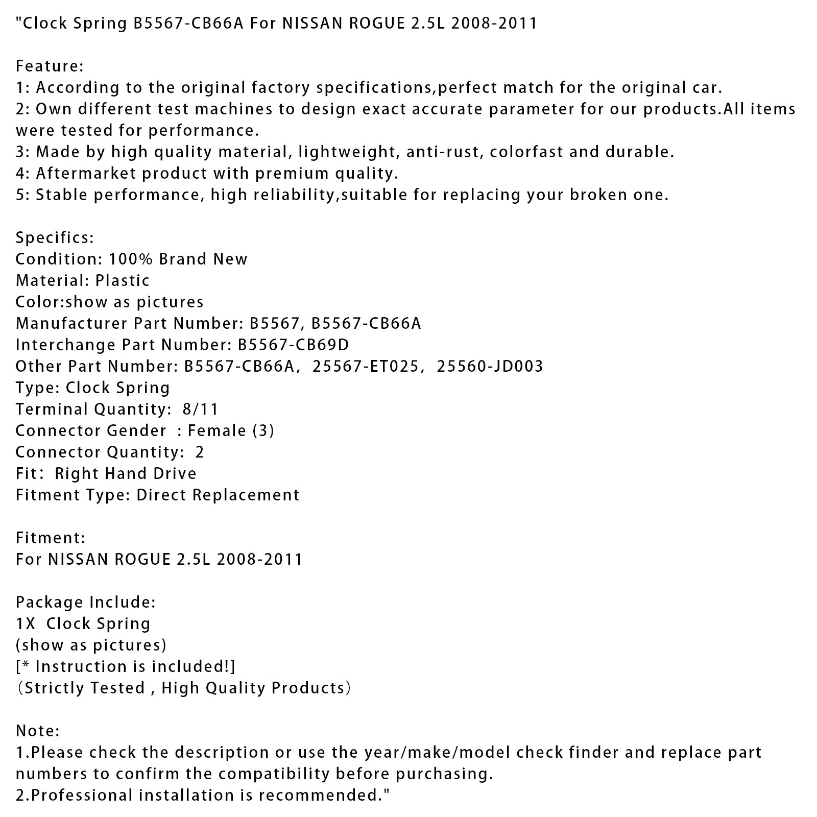 2008-2011 NISSAN ROGUE 2.5L Clock Spring B5567-CB66A B5567-CB69D 25560-JD003