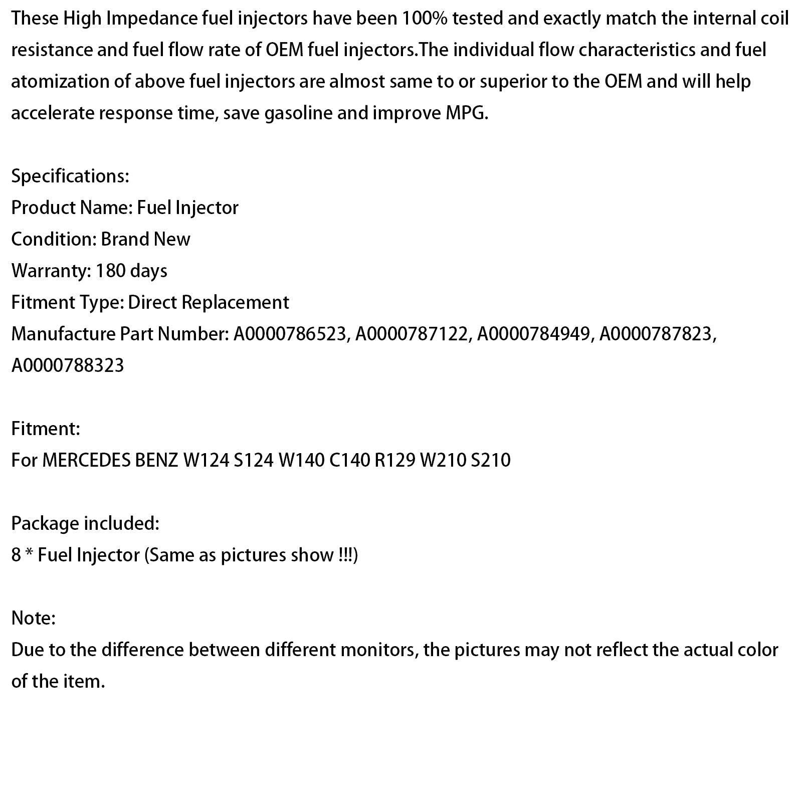 MERCEDES W124 W140 W210 R129 8PCS Fuel Injector 0000788323 A0000786523