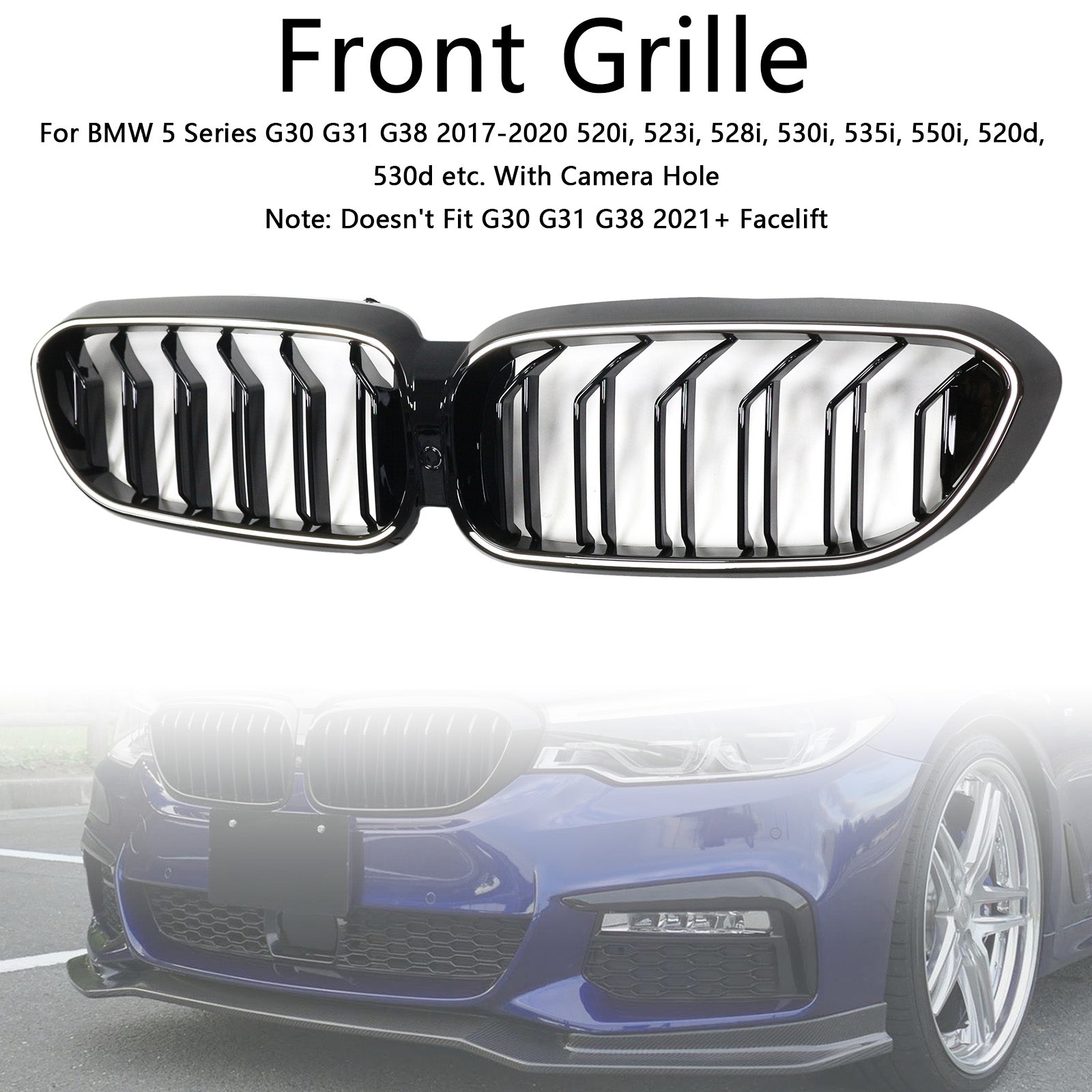 Double Slat Front Kidney Grille Fit BMW 5 Series G30 G31 2017-2020 Gloss Black