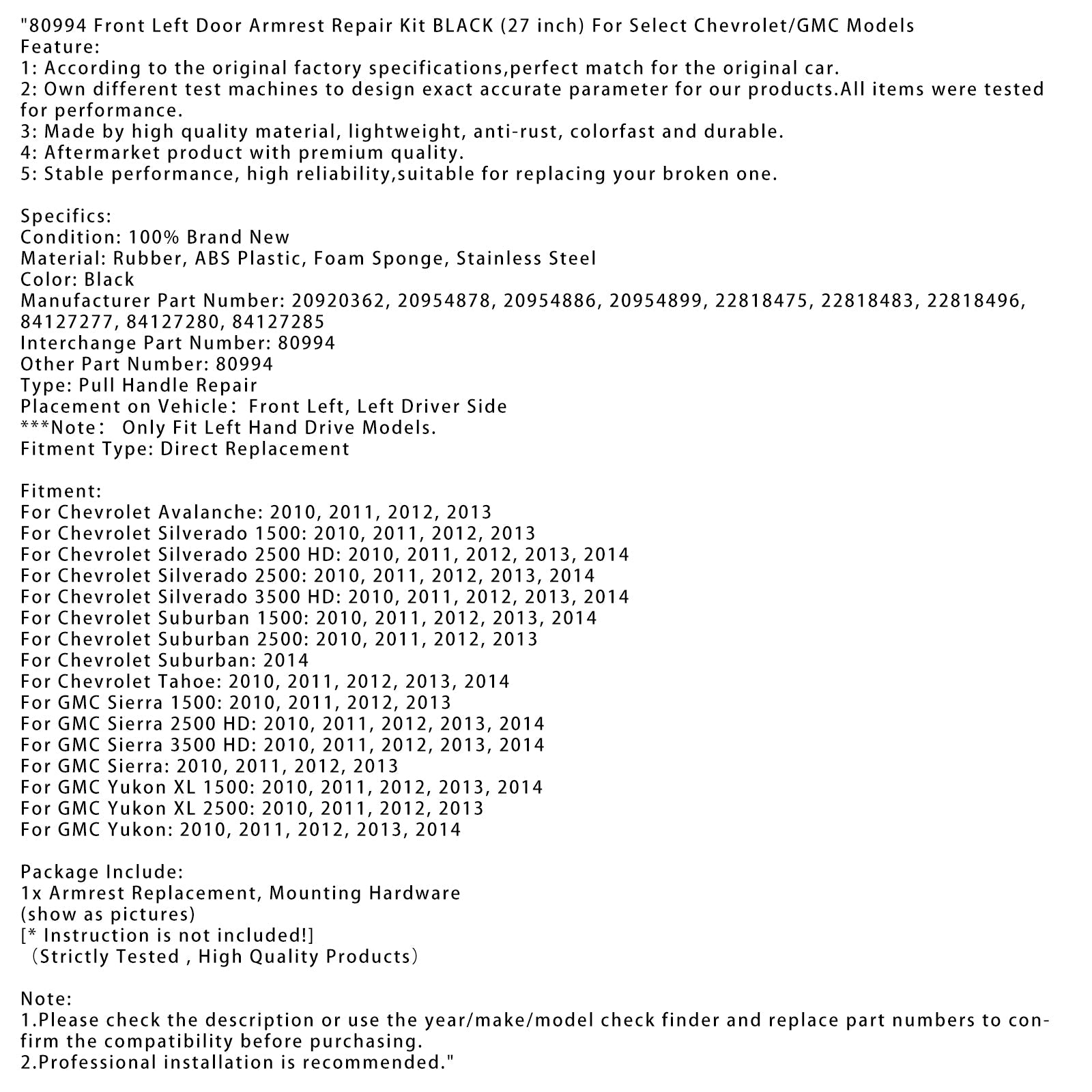 80994 Front Left Door Armrest Repair Kit BLACK (27 inch) For Chevrolet/GMC