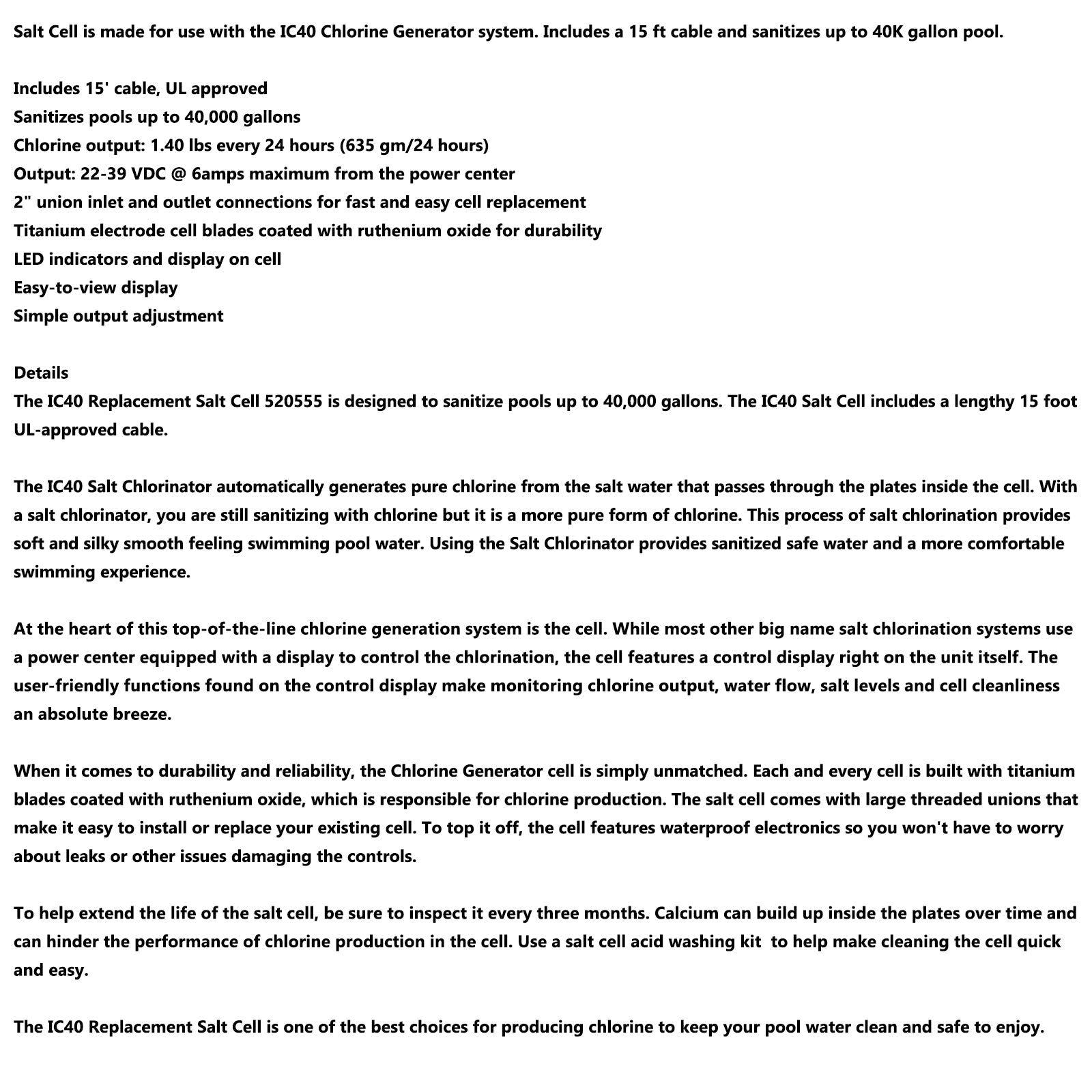 IC40 EC-520555 Replacement Salt Cell Chlorine Generator for In-Ground Pools Up