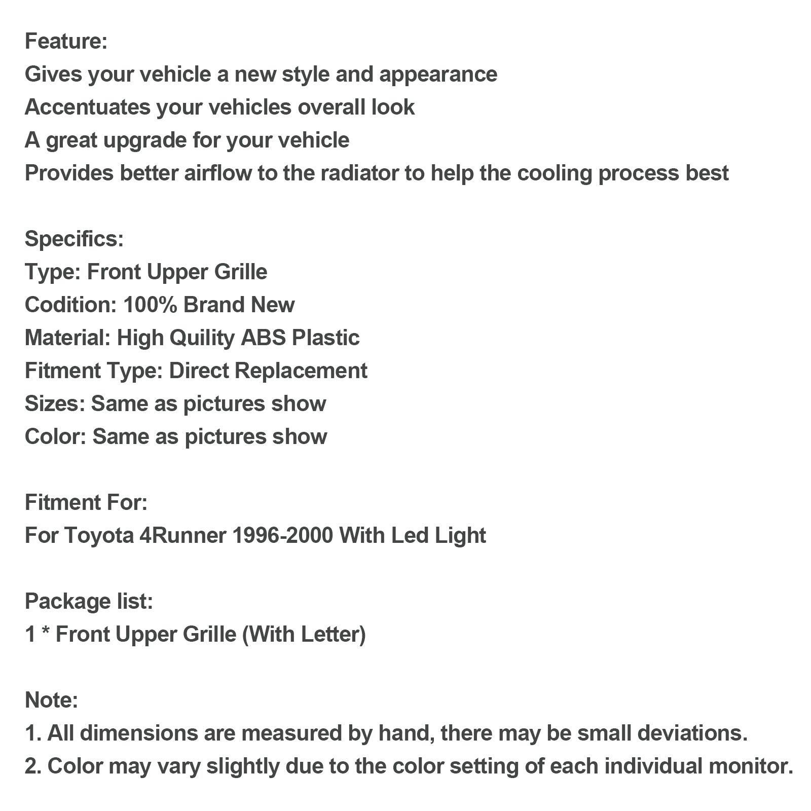 1996-2000 Toyota 4Runner With Led Matte Black Front Bumper Grill Grille