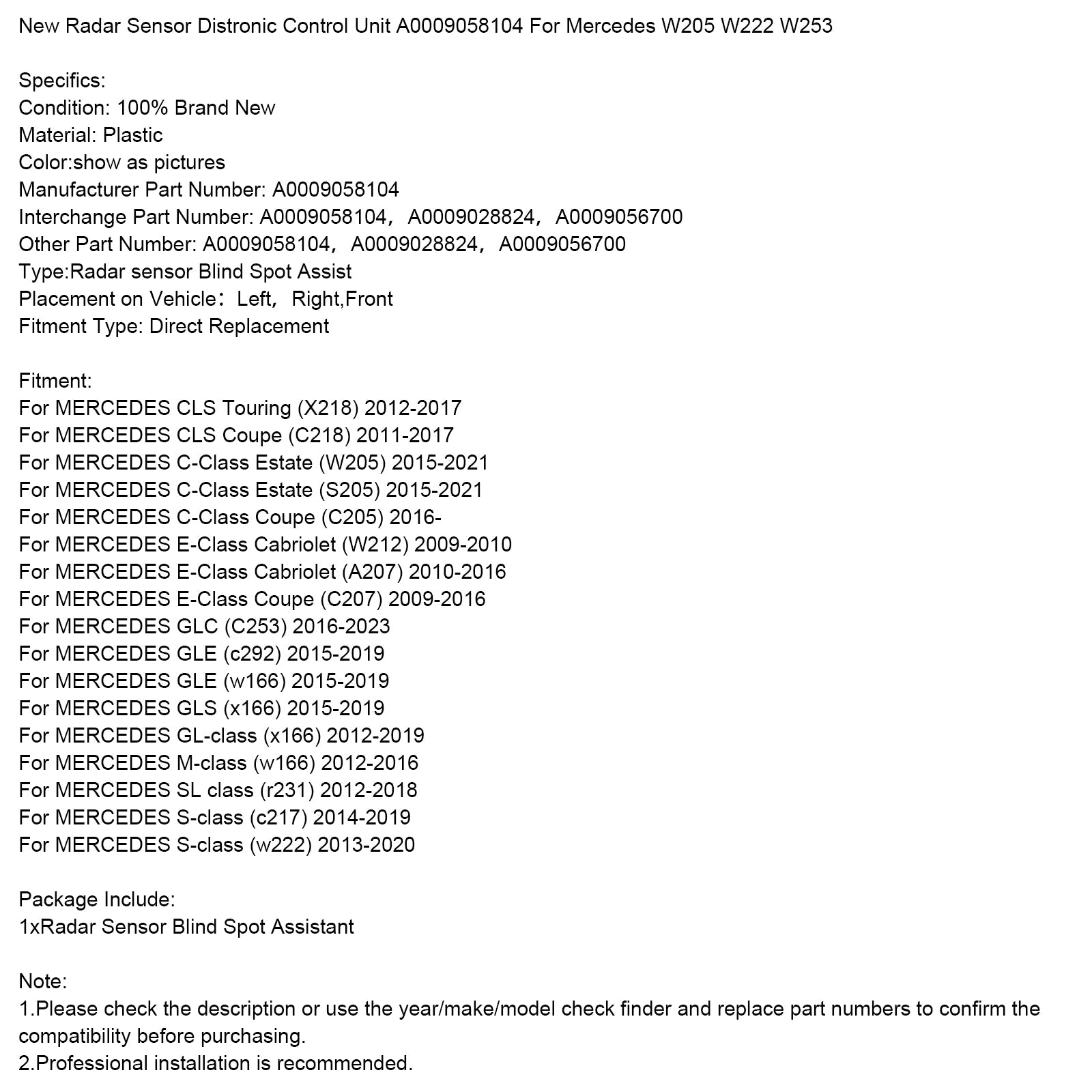 2015-2019 MERCEDES GLE (c292) New Radar Sensor Distronic Control Unit A0009058104