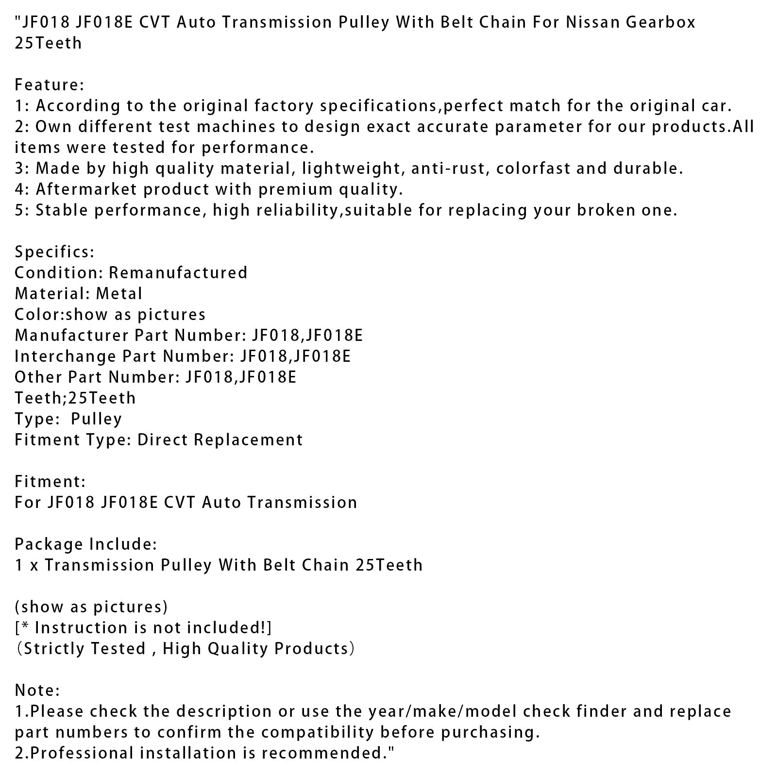 JF018 JF018E CVT Auto Transmission Pulley With Belt Chain For Nissan 25Teeth