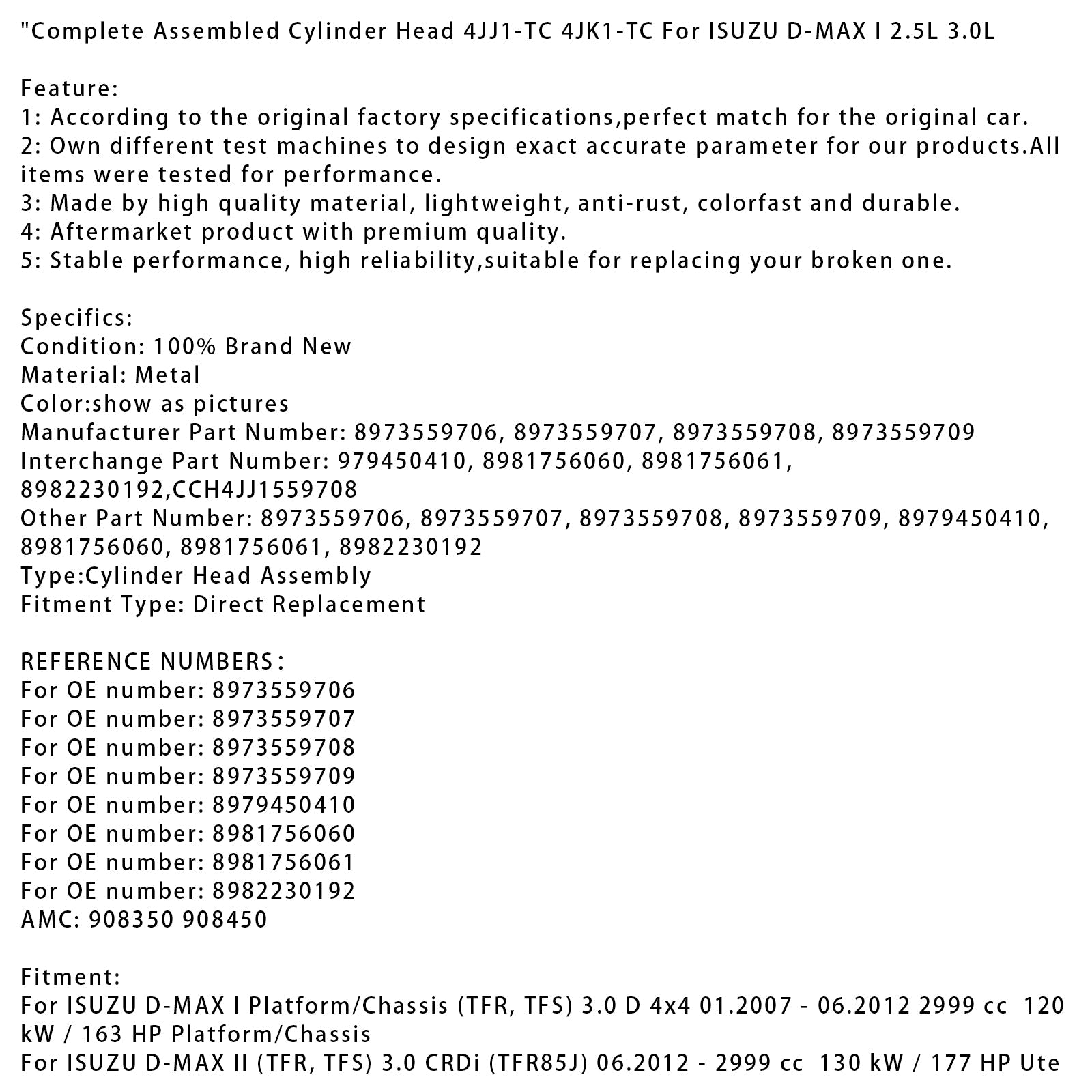 01.2007-06.2012 ISUZU D-MAX I Platform/Chassis (TFR, TFS) 3.0 D 4x4 Complete Assembled Cylinder Head 4JJ1-TC 4JK1-TC