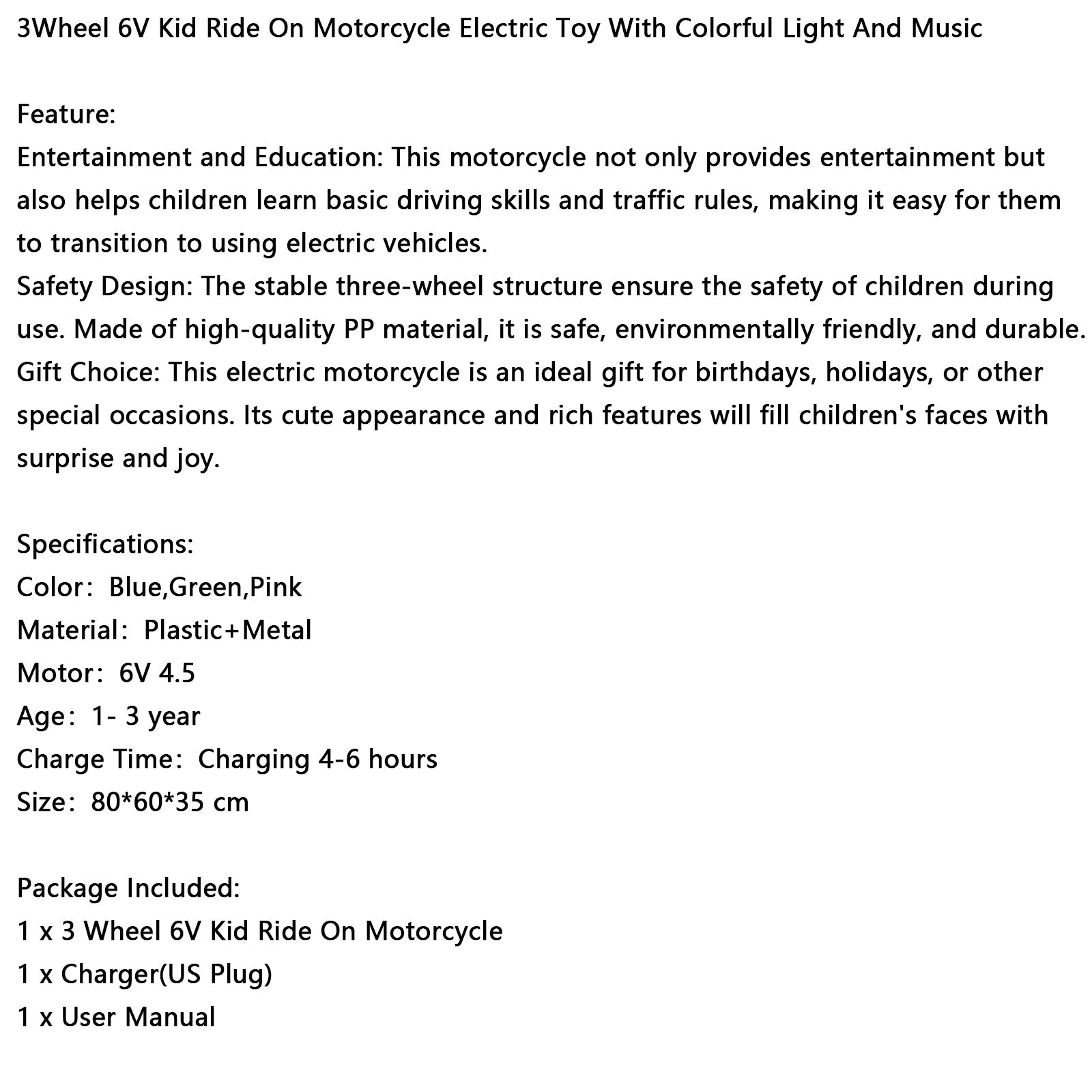 3Wheel 6V Kid Ride On Motorcycle Electric Toy With Colorful Light And Music