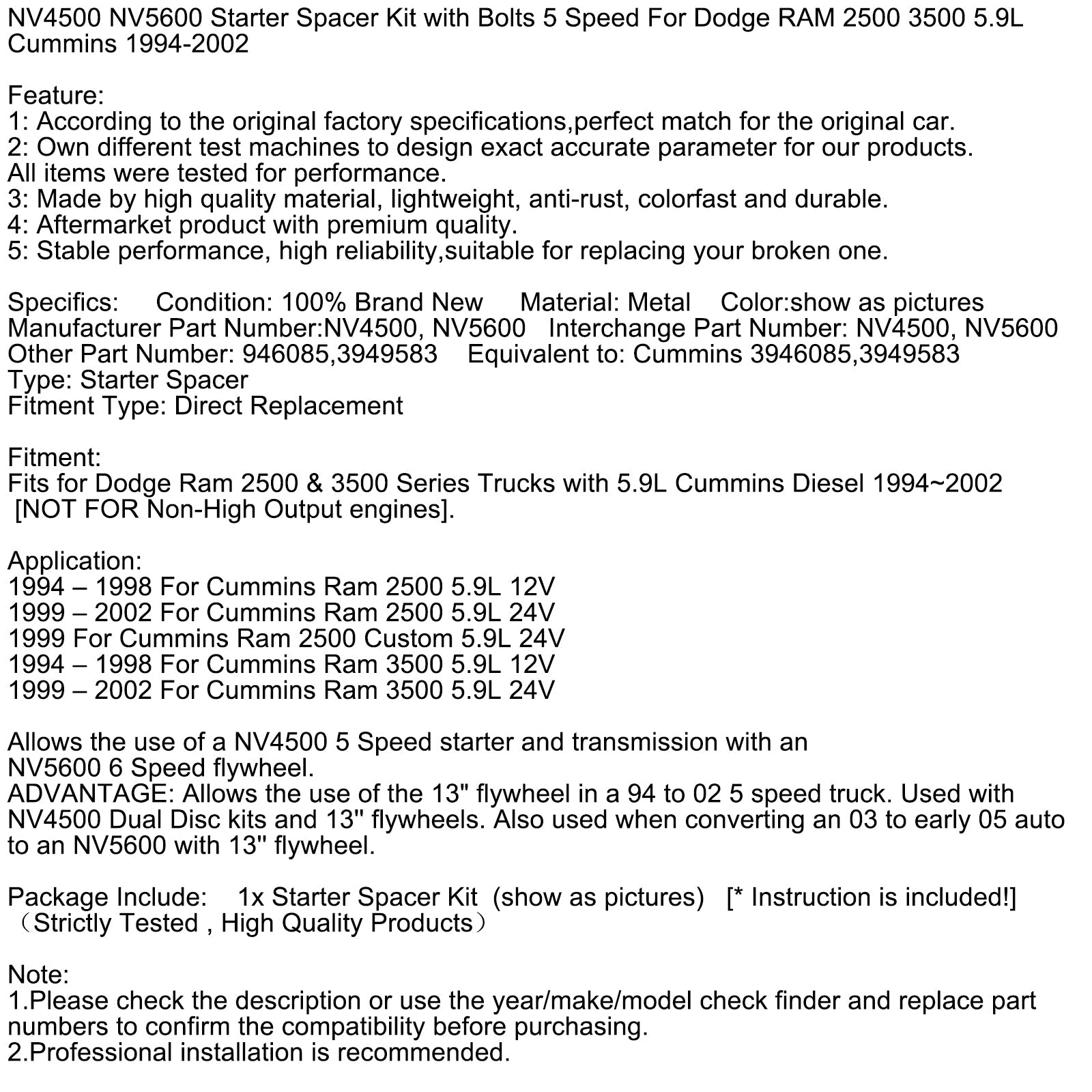 NV4500 NV5600 Starter Spacer Kit with Bolts 5 Speed For Dodge RAM 2500 3500 5.9L