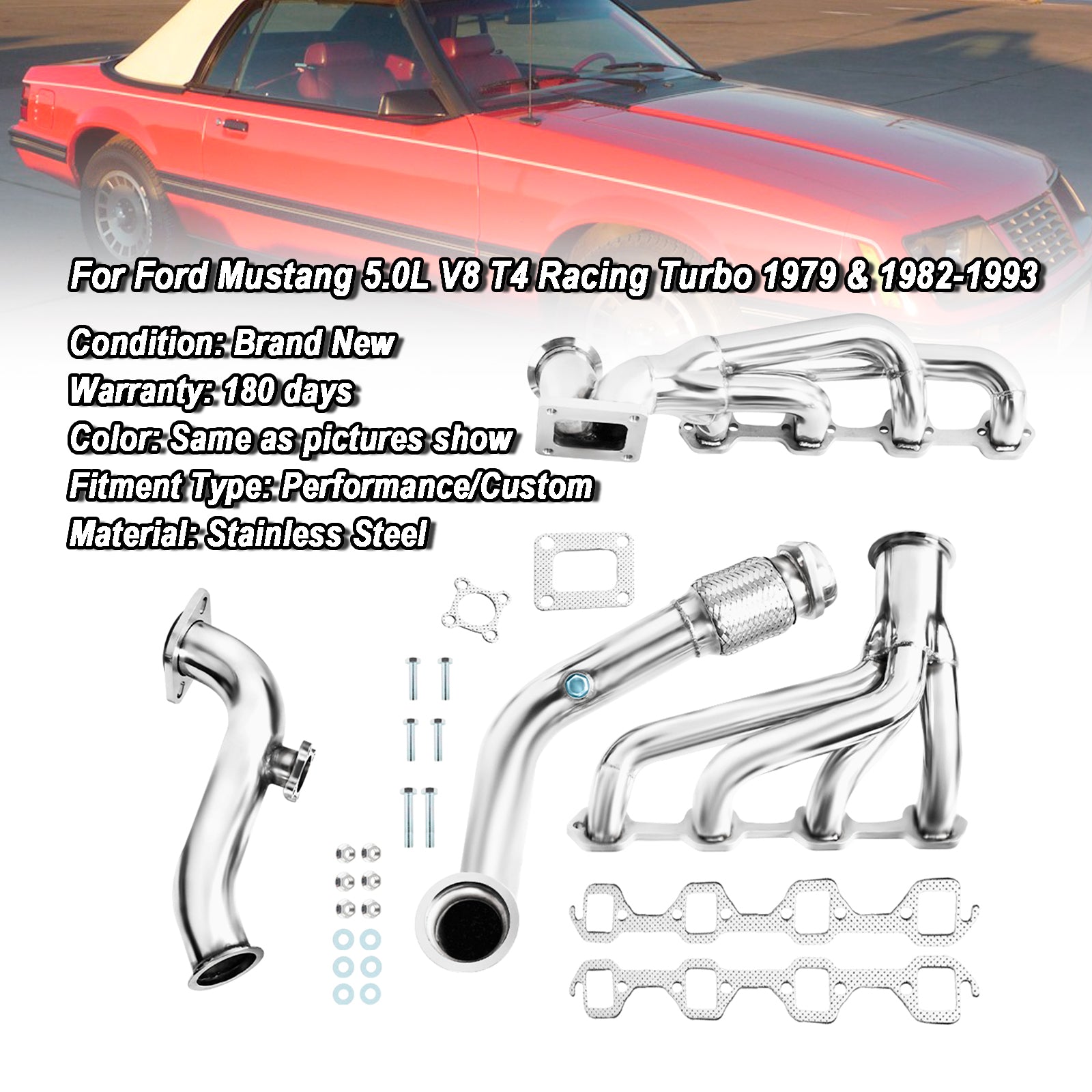 Exhaust Header Manifold Fit Ford Mustang 5.0L V8 T4 Racing Turbo 1979 & 1982-1993