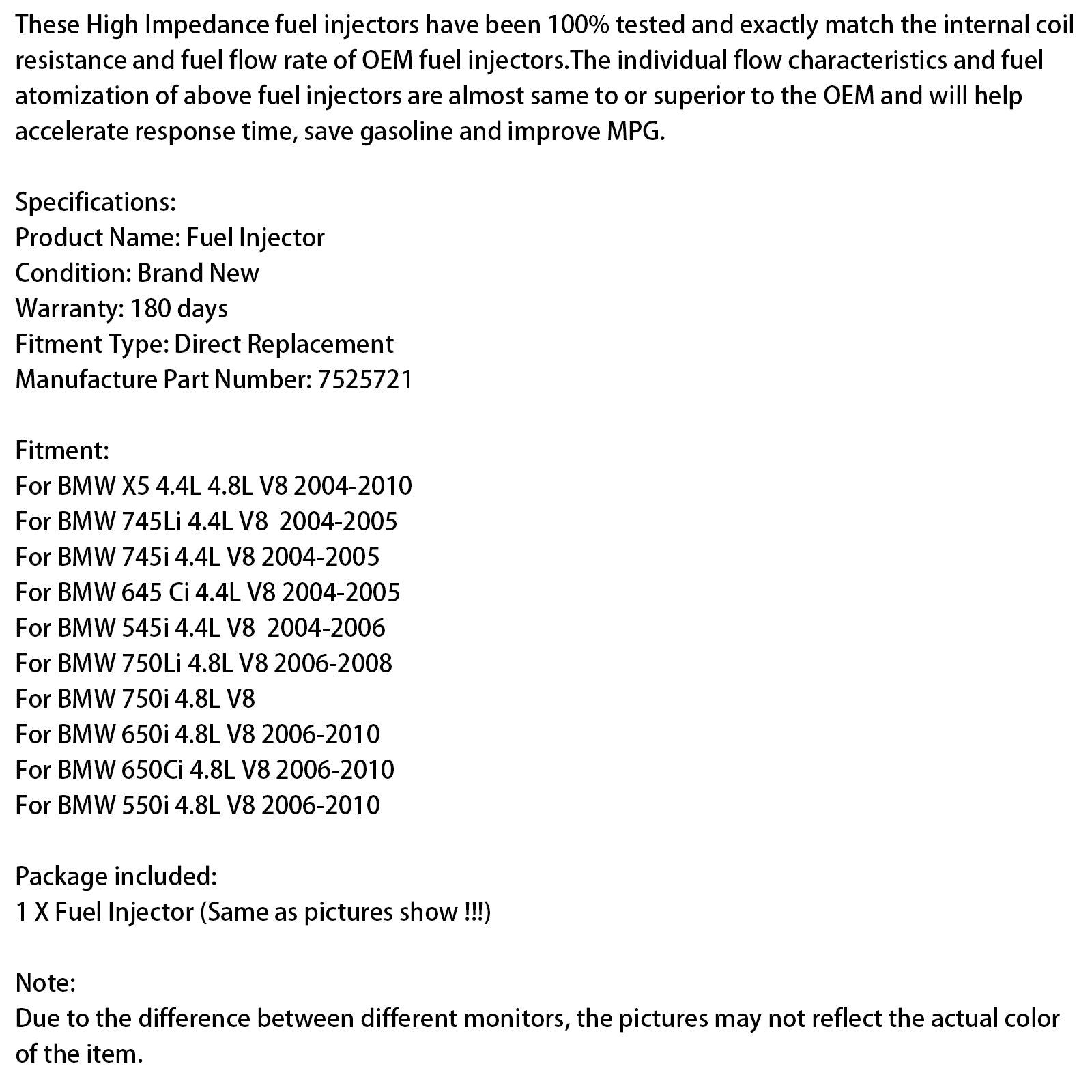 1PCS Fuel Injector 7525721 Fit Siemens 04-2010 FIT BMW X5 745Li/i 645Ci 545i