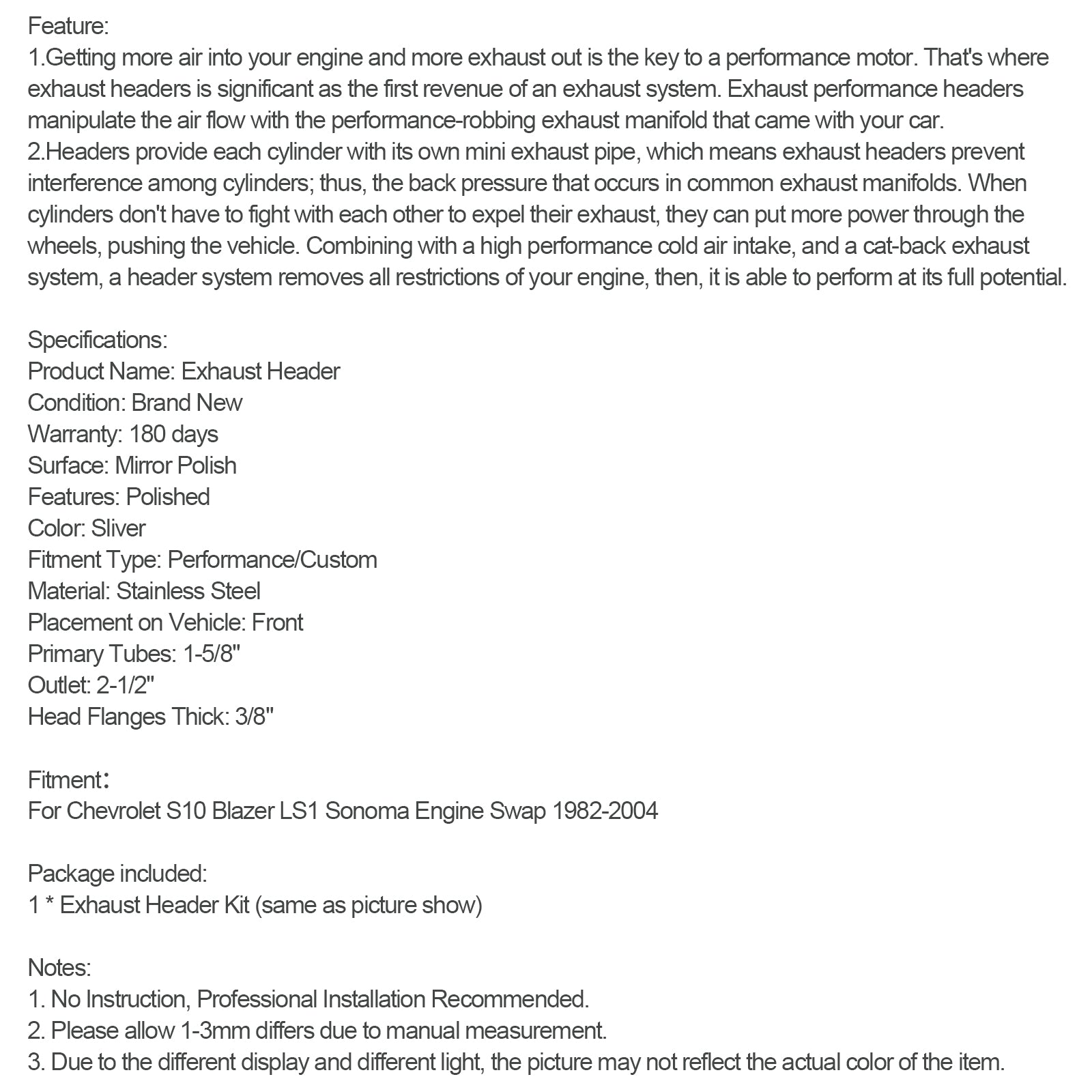 매니 폴드 헤더 피트 시보레 S10 블레이저 LS1 소노마 스왑 엔진 1982-2004