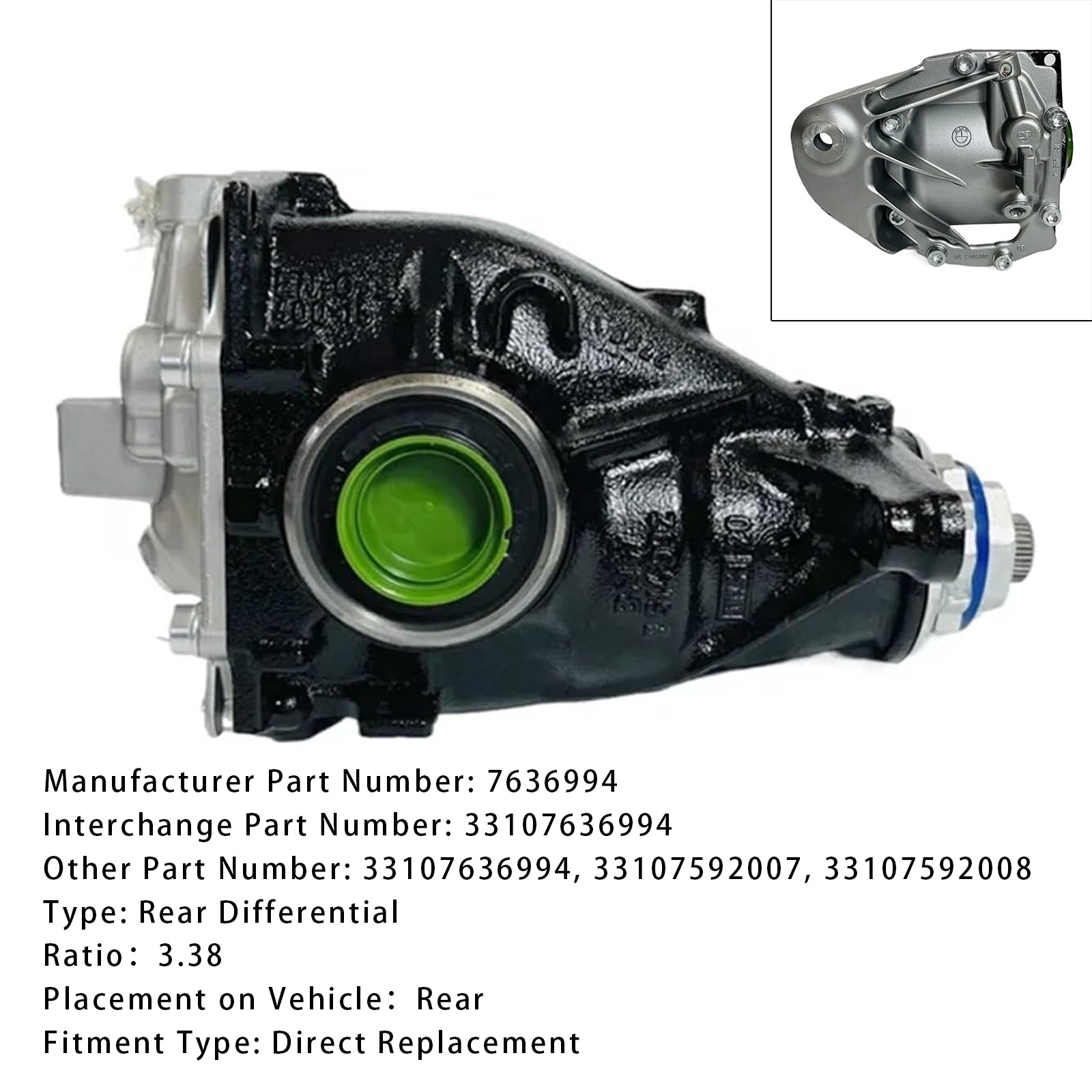 BMW X5 F15 Rear Differential Assembly 3.38 Gear 33107636994 7636994 33107592007