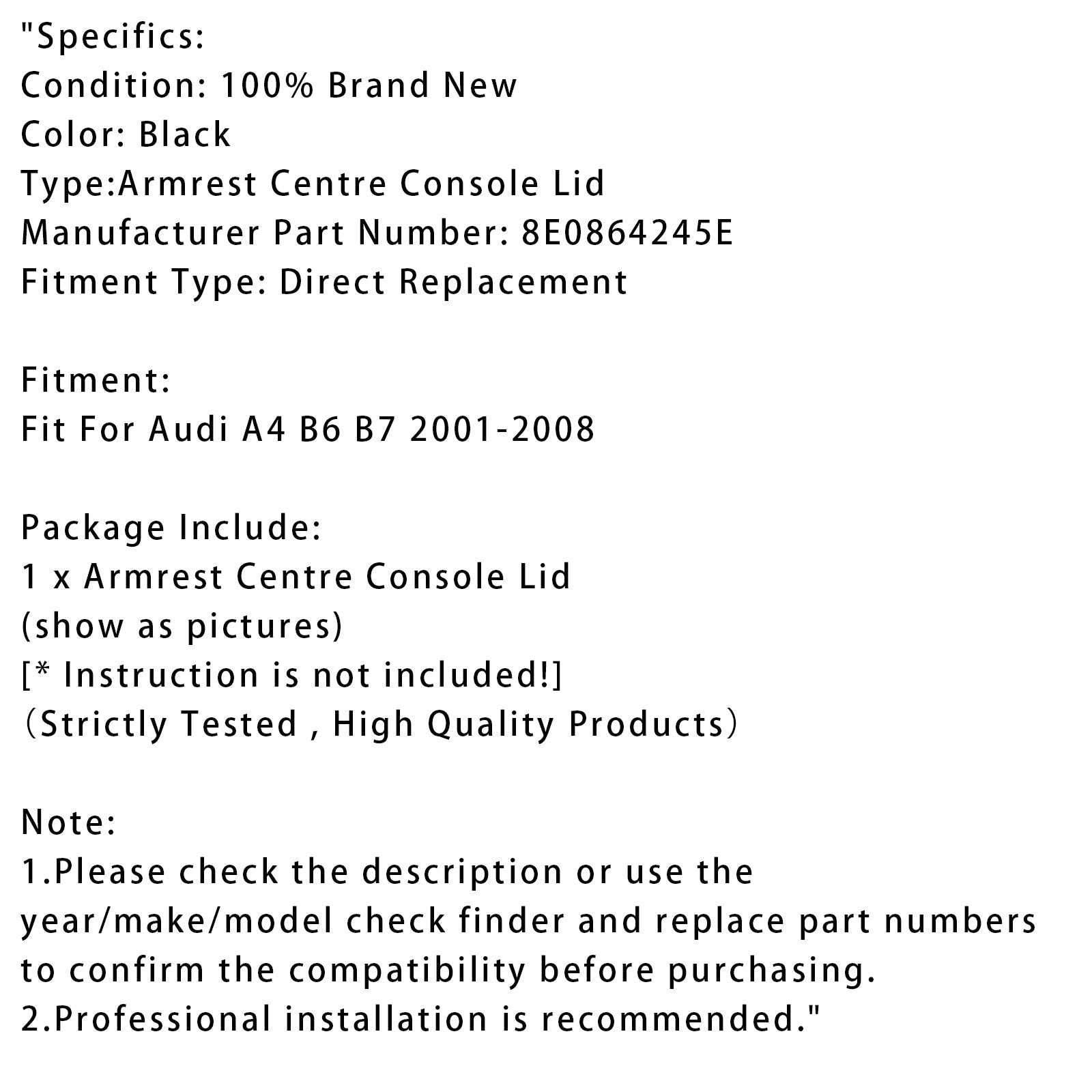 2001-2008 Audi A4 B6 B7 Black Leather Armrest Centre Console Lid 8E0864245E