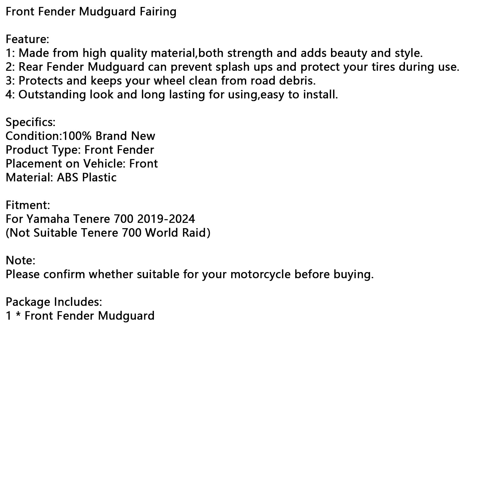 Yamaha Tenere 700 2019-2024용 프론트 펜더 머드가드 페어링