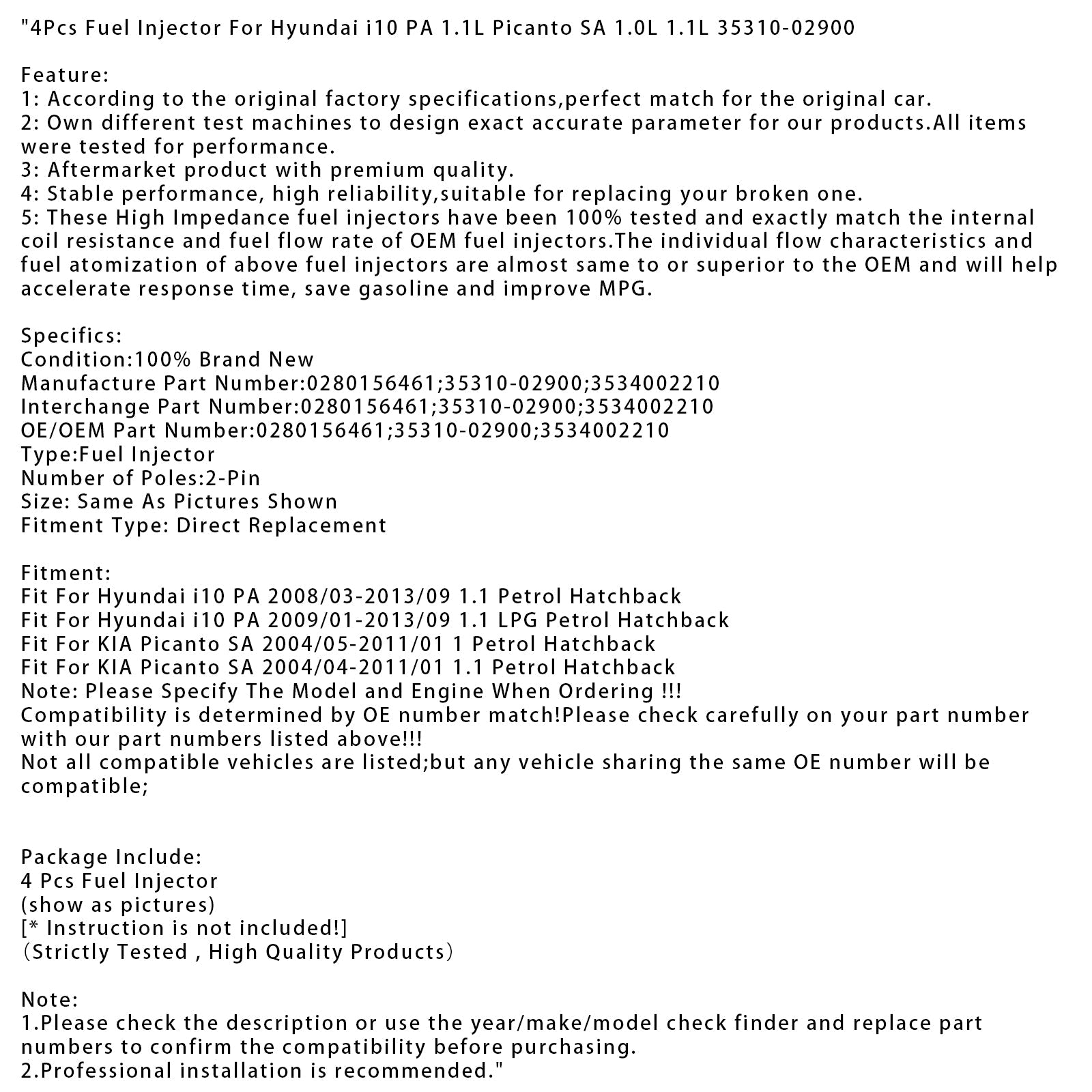 4Pcs Fuel Injector For Hyundai i10 PA 1.1L Picanto SA 1.0L 1.1L 35310-02900