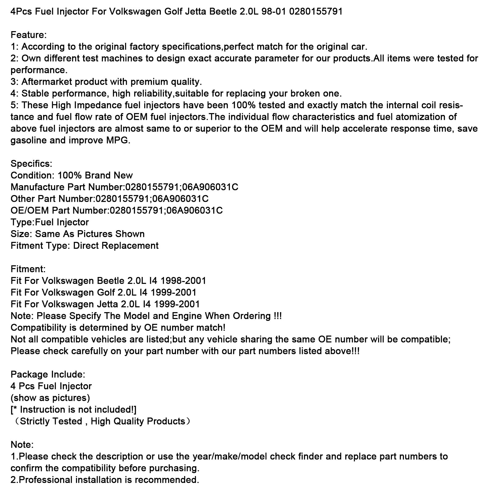 4Pcs Fuel Injector For Volkswagen Golf Jetta Beetle 2.0L 98-01 0280155791