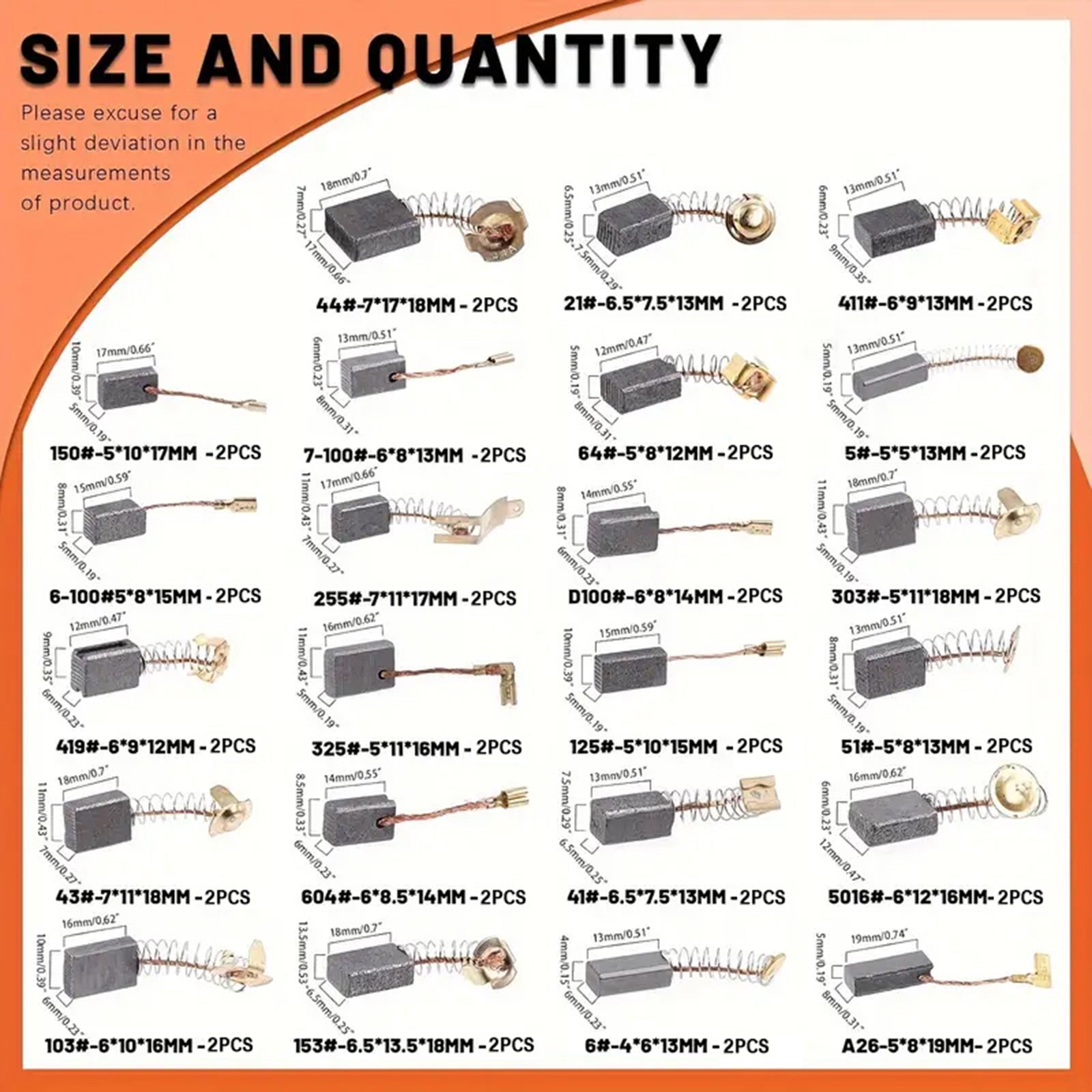 46Pcs Electric Motor Carbon Brushes 23 Sizes Replacement Repair Power Tool Part