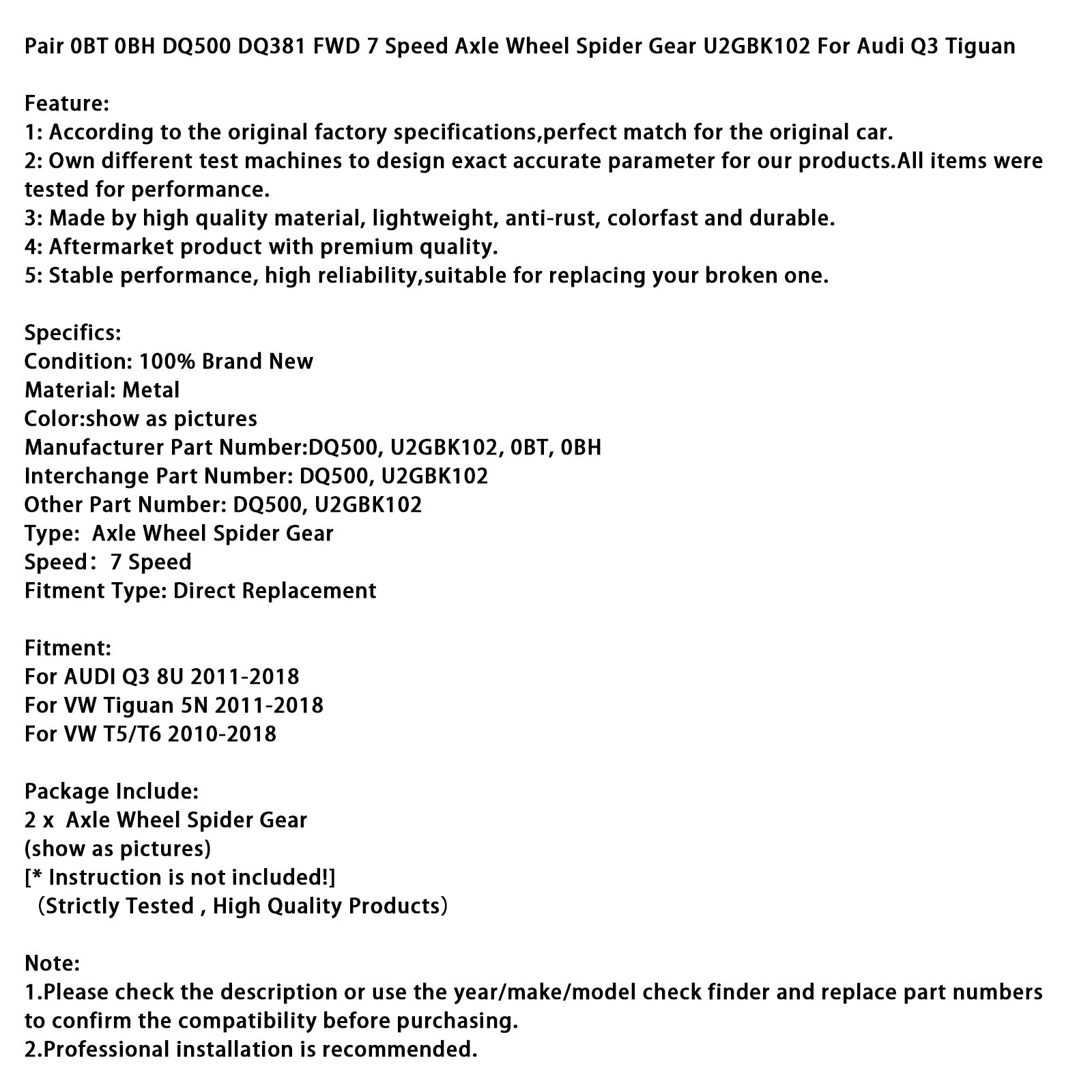 2010-2018 VW T5/T6 Pair 0BT 0BH DQ500 DQ381 FWD 7 Speed Axle Wheel Spider Gear U2GBK102