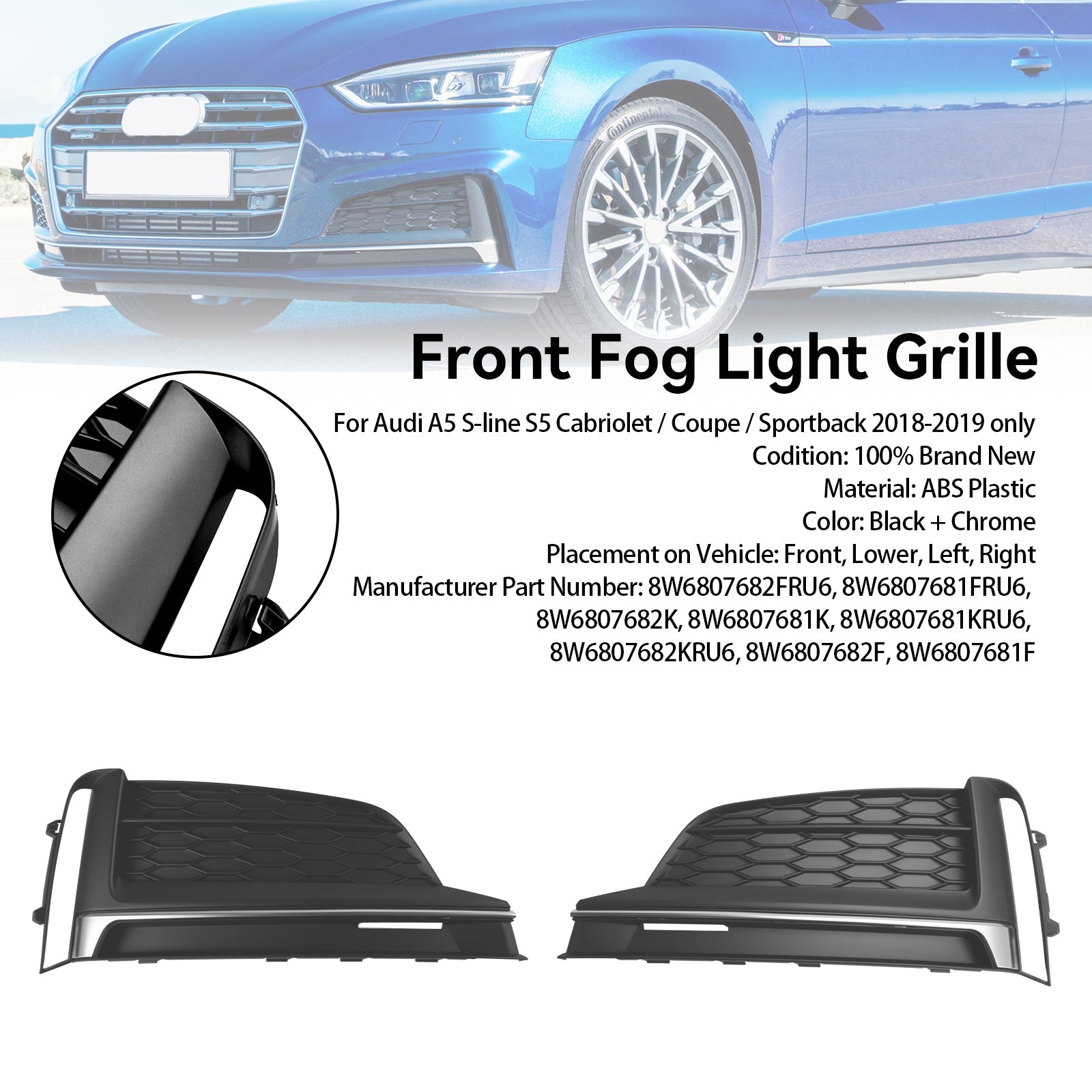 Audi A5 S-Line S5 2018-2019 2PCS Front Bumper Fog Light Grille Cover Trim