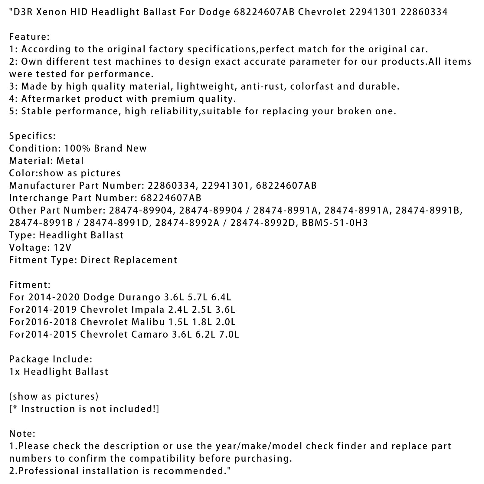 D3R Xenon HID Headlight Ballast For Dodge 68224607AB Chevrolet 22941301 22860334