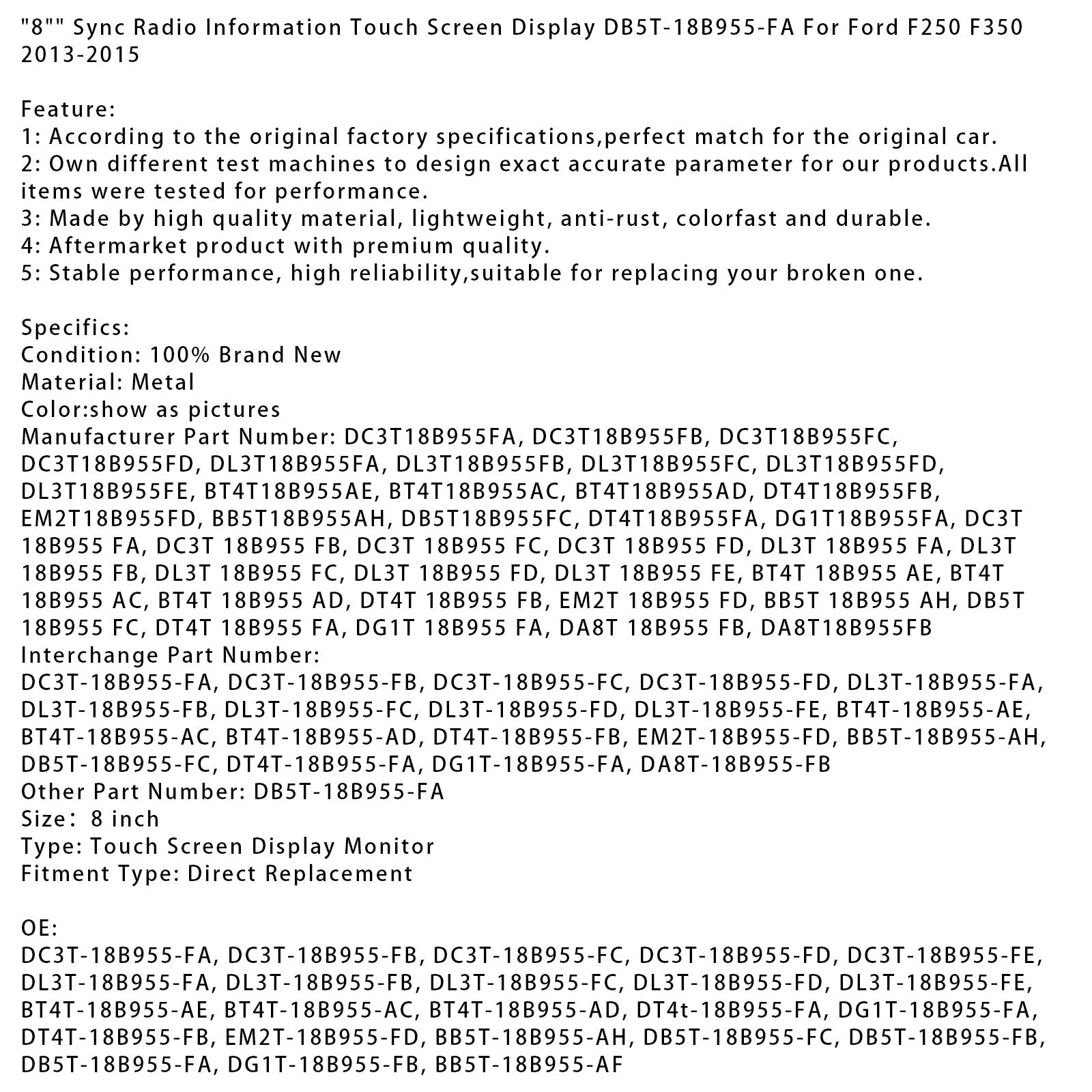2011 -2015 Ford Explorer 8" Sync Radio Information Touch Screen Display DC3T-18B955-F DT4T-18B955-FB