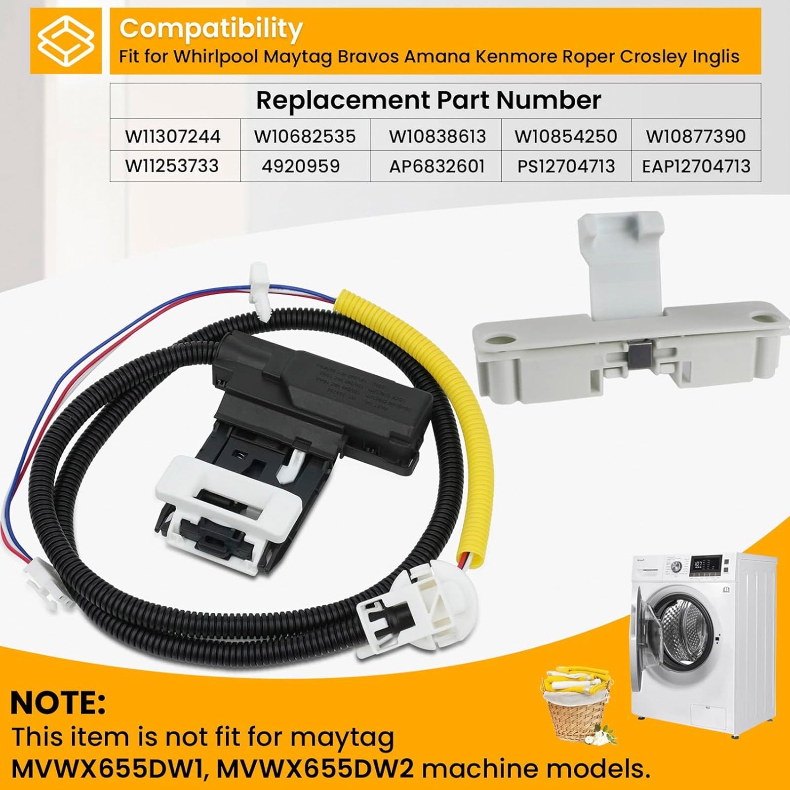 W11307244 W10682535 와셔 뚜껑 잠금 장치 및 W10837741 Maytag용 뚜껑 스트라이크