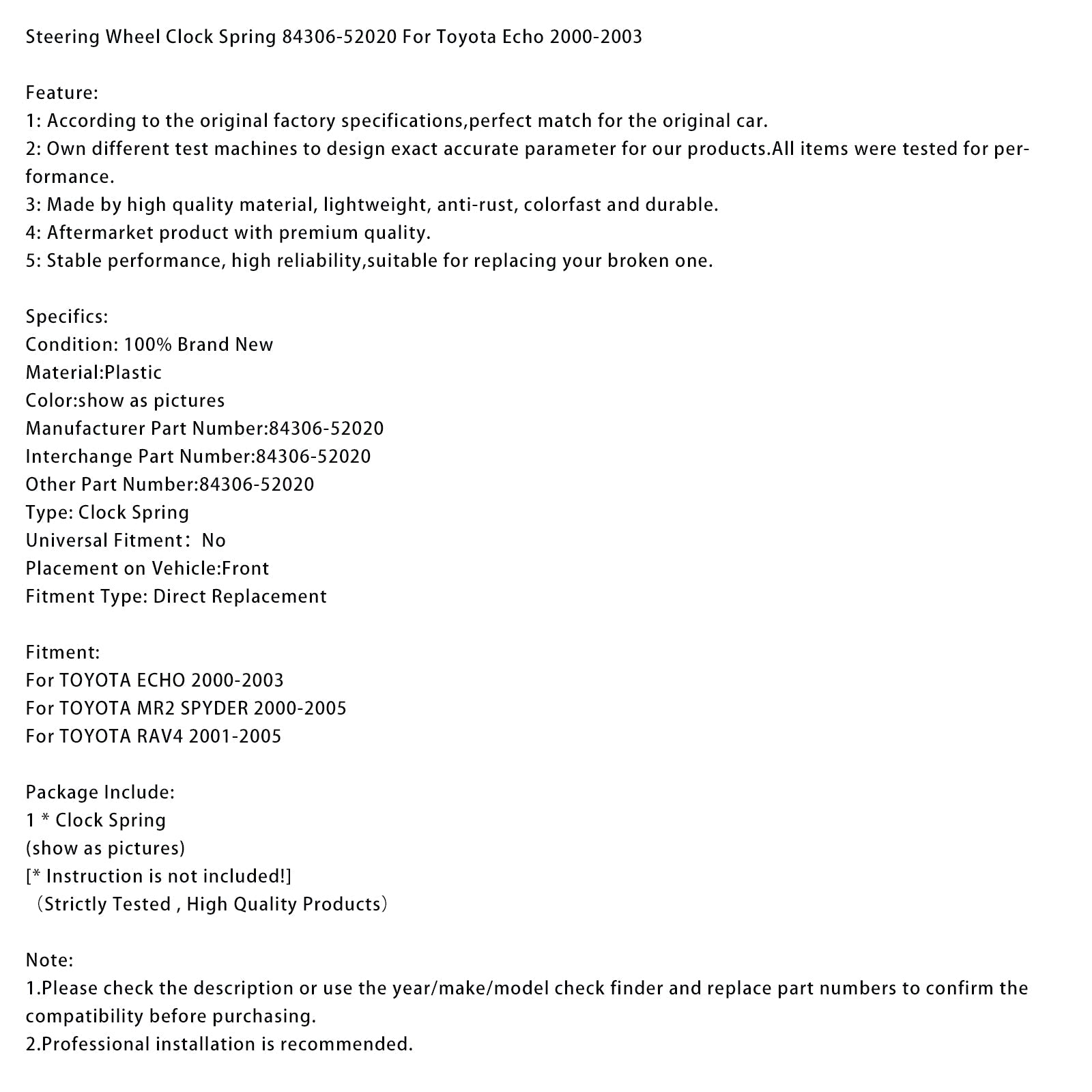 Steering Wheel Clock Spring 84306-52020 For Toyota Echo 2000-2003