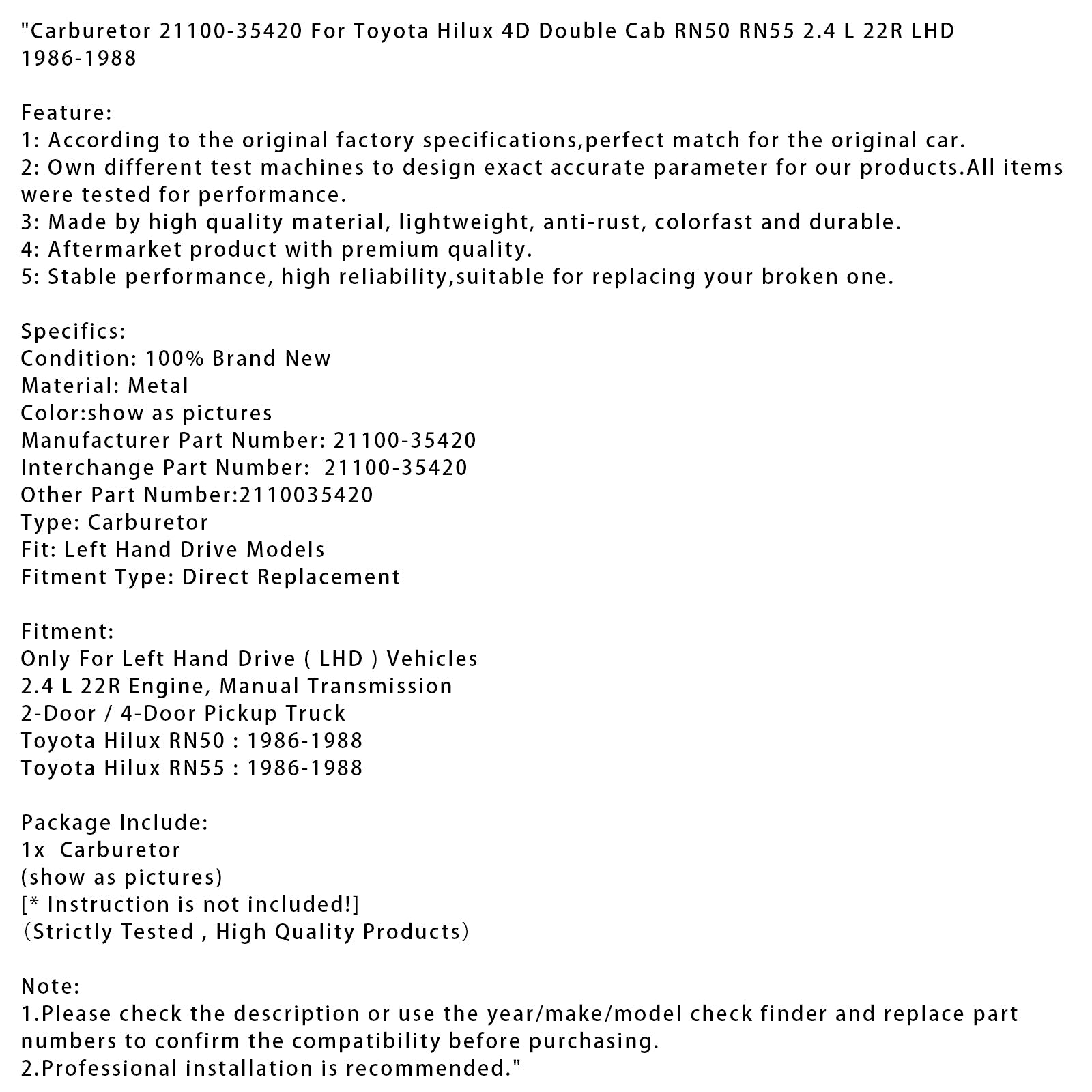 1986-1988 Toyota Hilux 4D Double Cab RN50 RN55 LHD Carburetor 21100-35420