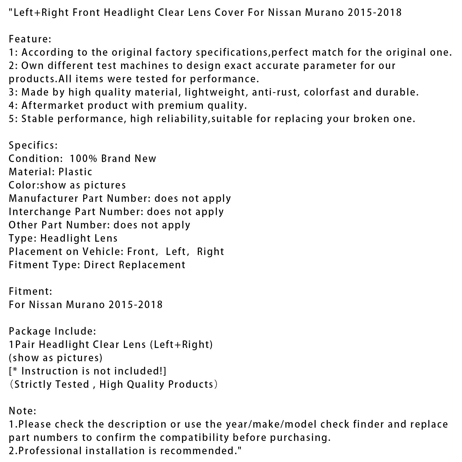 2015-2018 Nissan Murano Left+Right Front Headlight Clear Lens Cover