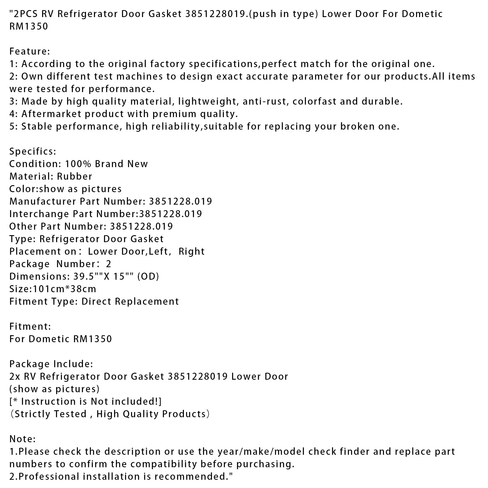 2PCS RV Refrigerator Door Gasket 3851228019 Lower Door For Dometic RM1350