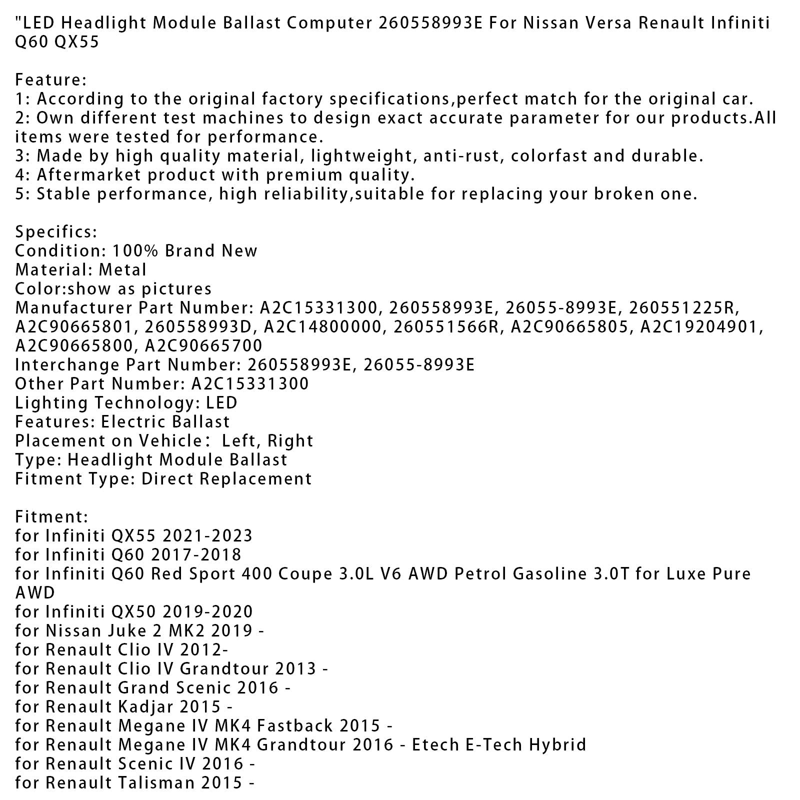 Headlight Module Ballast 260558993E For Nissan Versa Renault Infiniti Q60 QX55