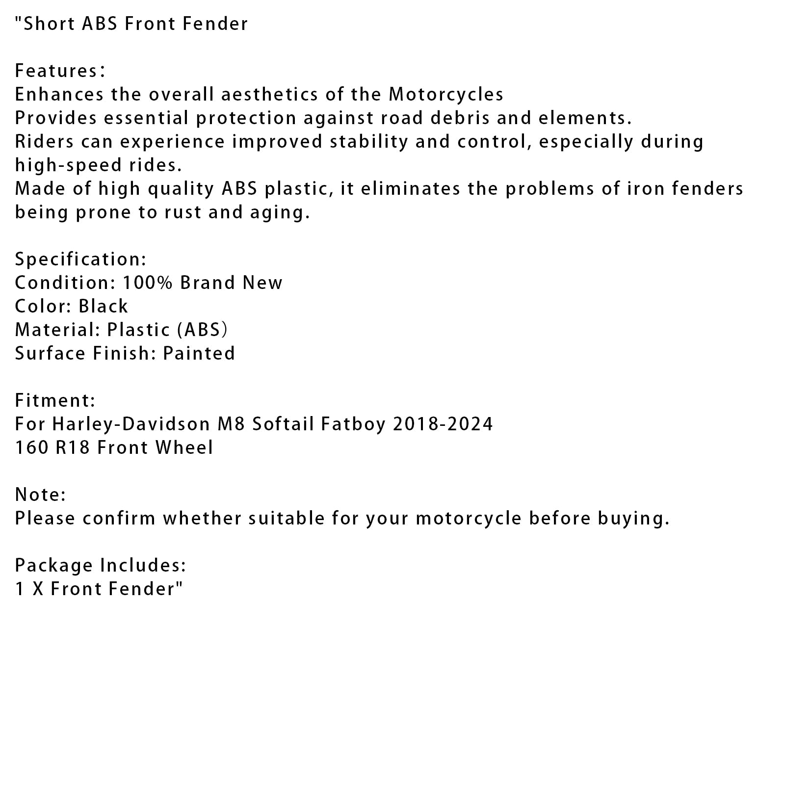 2018-2024 Harley-Davidson M8 Softail Fatboy Short ABS Front Fender