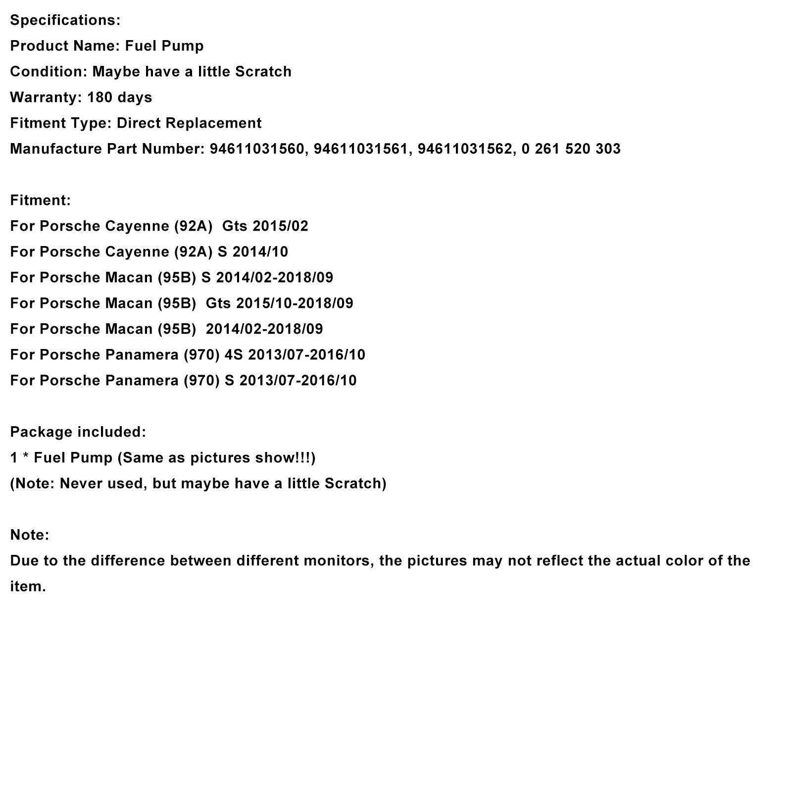 2014/10 Porsche Cayenne (92A) S High Pressure Fuel Pump 94611031560 94611031561 94611031562