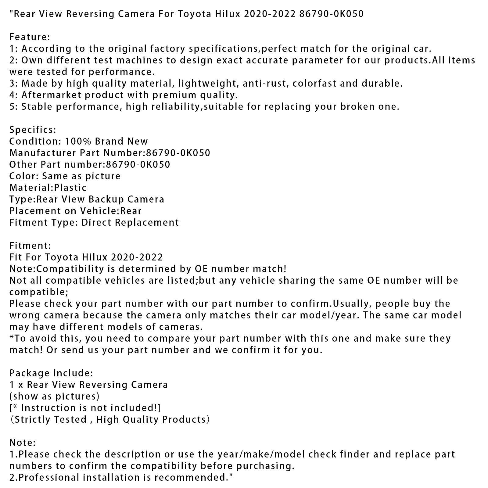 2020-2022 Toyota Hilux Rear View Reversing Camera 86790-0K050