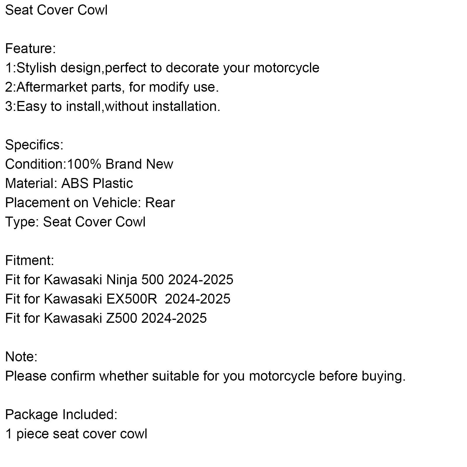 2024-2025 Kawasaki Ninja 500 EX500R Z500 Tail Rear Seat Fairing Cowl