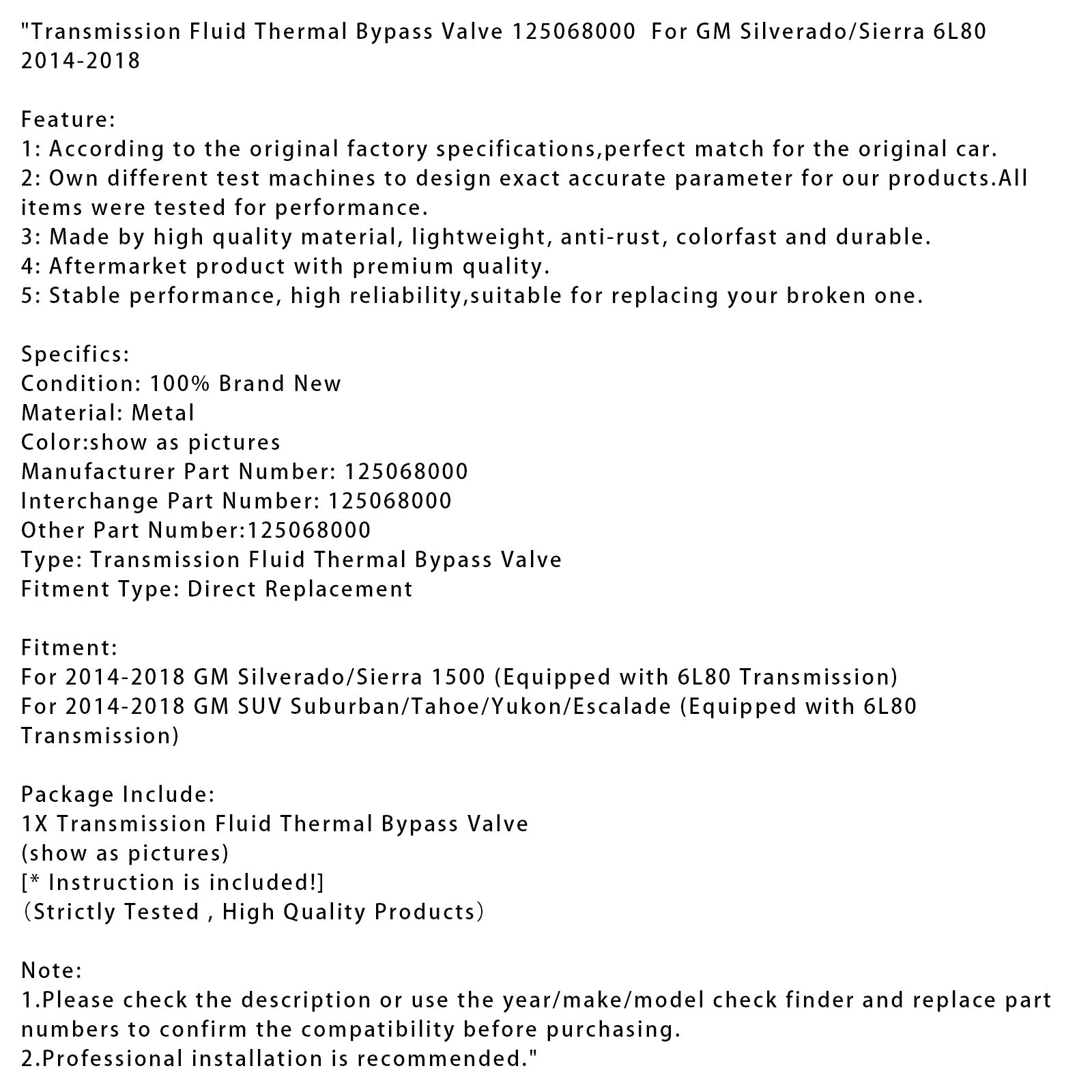 2014-2018 GM Silverado/Sierra 6L80 Transmission Fluid Thermal Bypass Valve 125068000