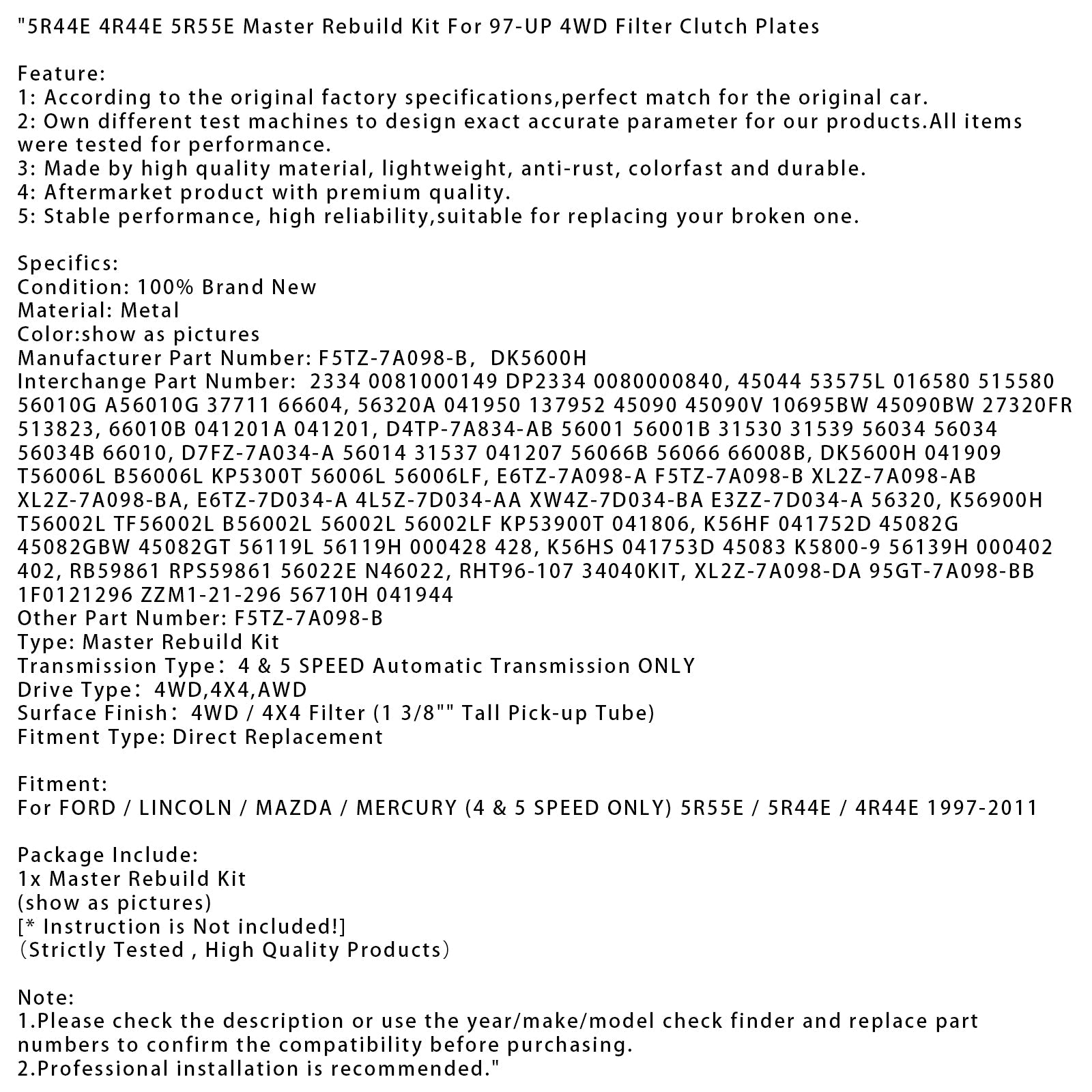 1997-UP FORD/LINCOLN/MAZDA/MERCURY 4WD 5R44E 4R44E 5R55E Master Rebuild Kit ForFilter Clutch Plates