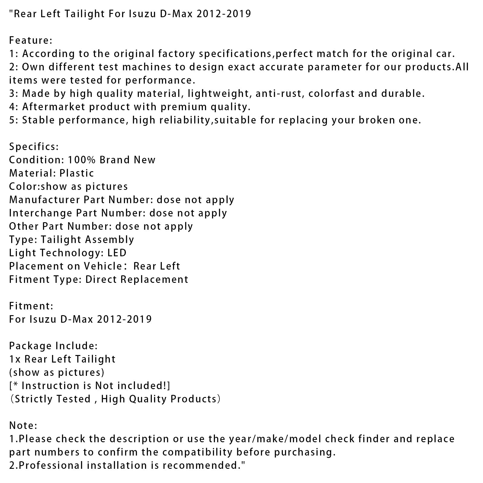 Isuzu D-Max 2012-2019 Rear Left Tailight