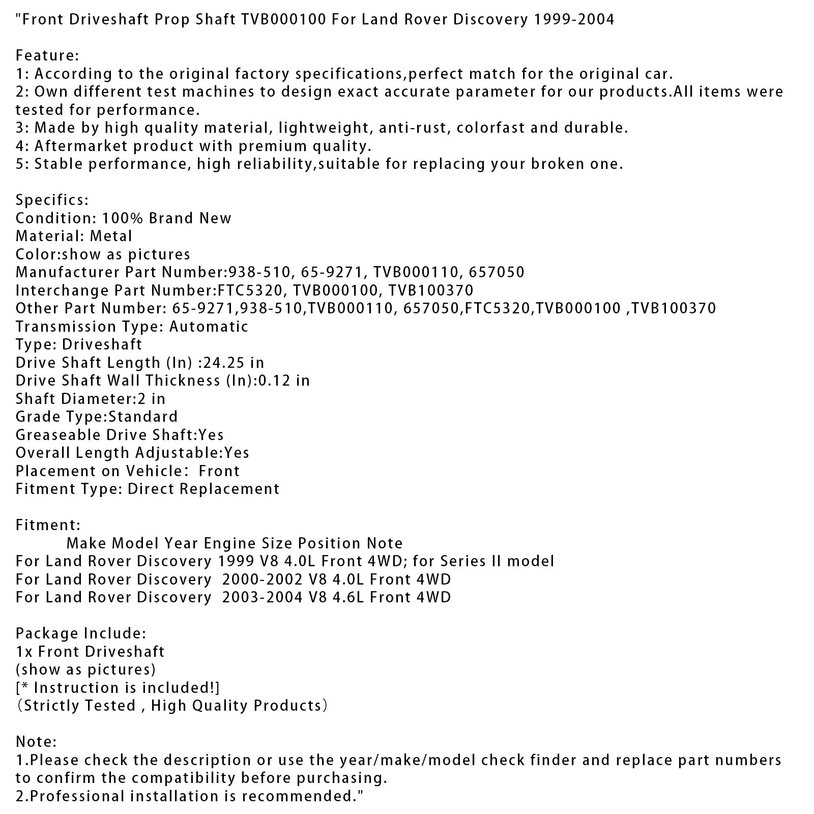 2003-2004 Land Rover Discovery V8 4.6L Front 4WD Front Driveshaft Prop Shaft TVB000100